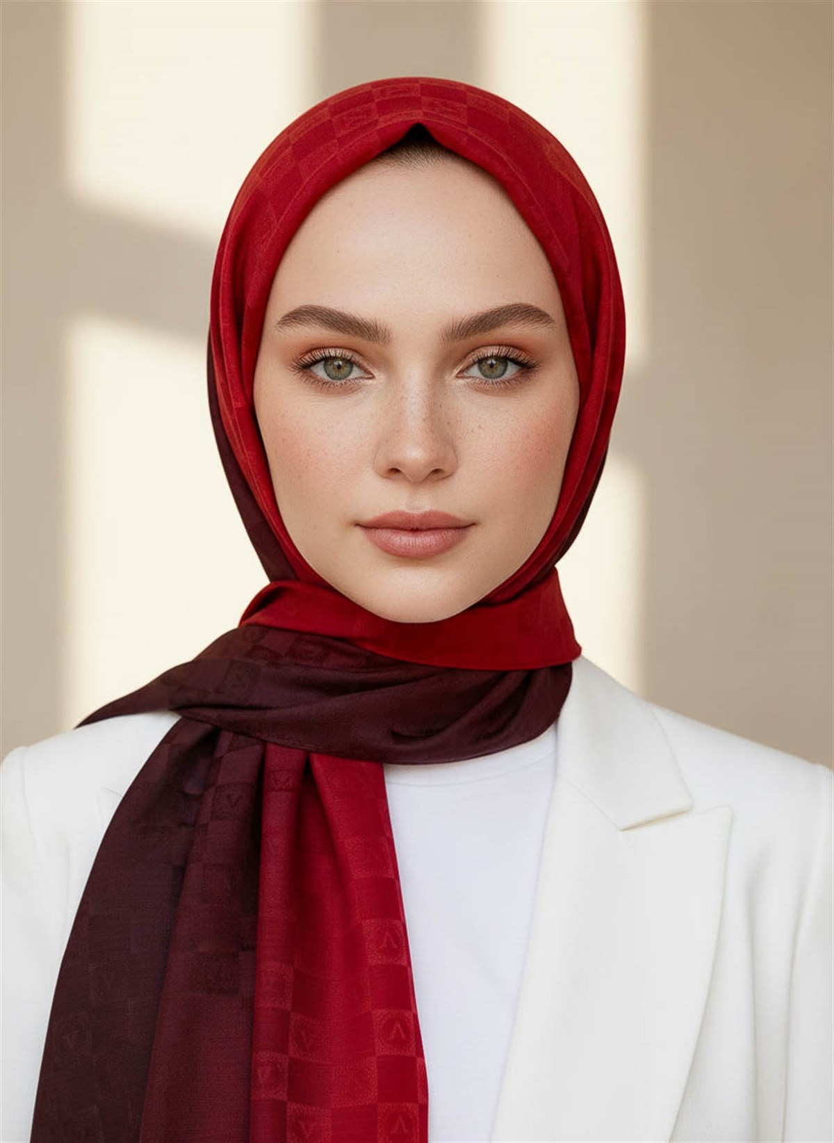 Vissona %57 İPEK %43 PAMUK Degrade Desenli Bordo Renkli Şal -  70x190 Dikiş Tipi İtalyan Dikişli