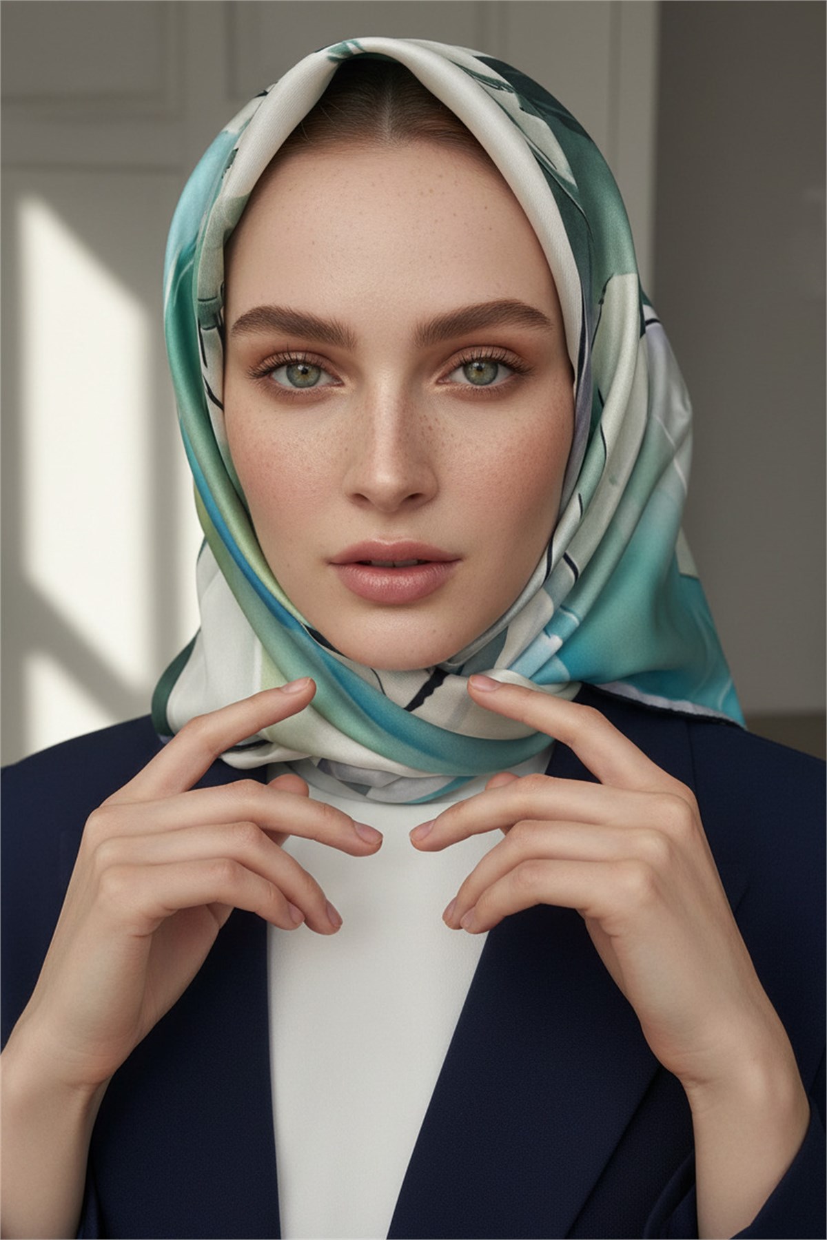 %100 Twill İpek Eşarp 90x90 Soyut Sulu Boya Desenli El Dikişli Kadın Eşarp