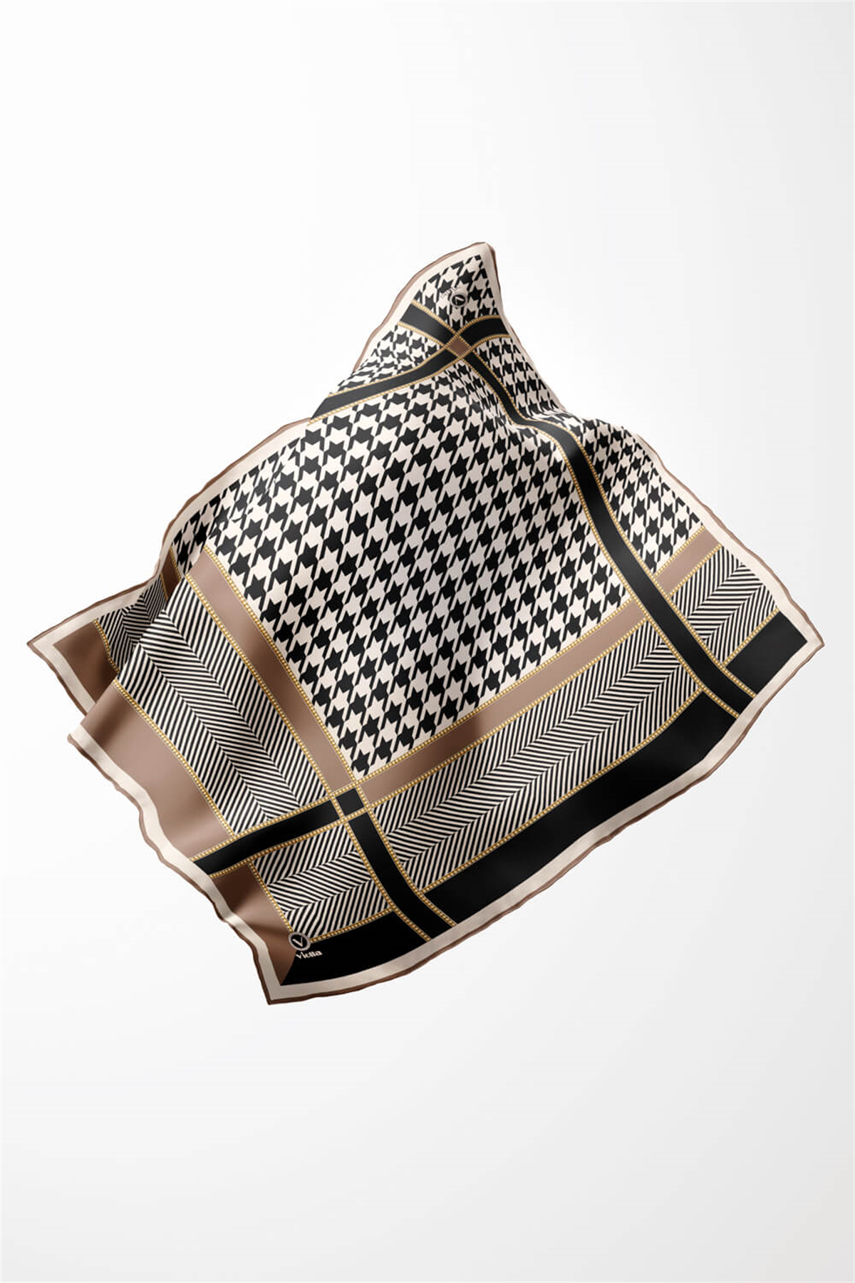 Twill Kazayağı Desenli Bej Renkli 90x90 Eşarp (İpek İçermez) Kenar Dikiş Şekli El Dikişli