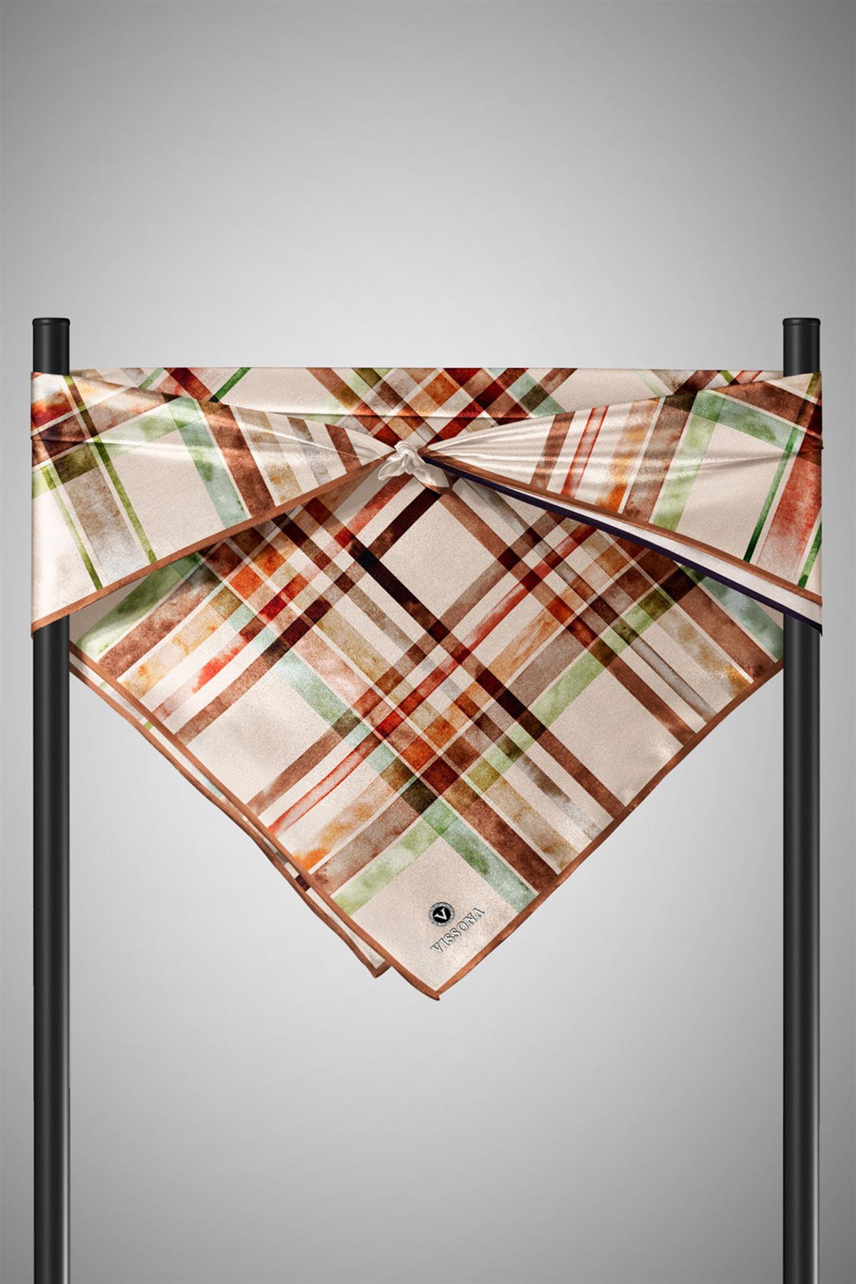 %100 Twill İpek Ekose Desenli Bej - Taba Renkli 90x90 Eşarp Kenar Dikiş Şekli El Dikişli