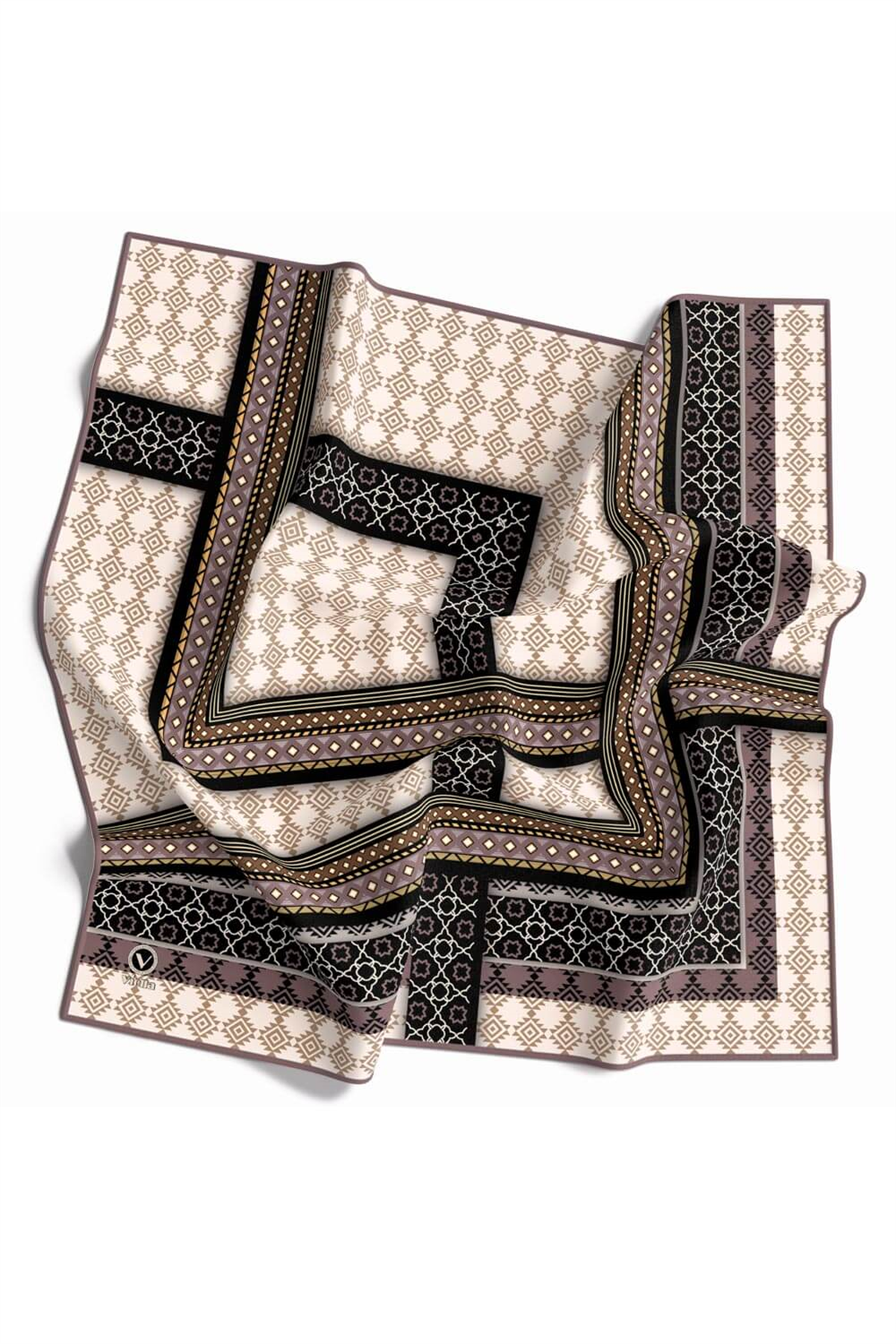 Twill Etnik Desenli Taş Renkli 90x90 Eşarp (İpek İçermez) Kenar Dikiş Şekli El Dikişli
