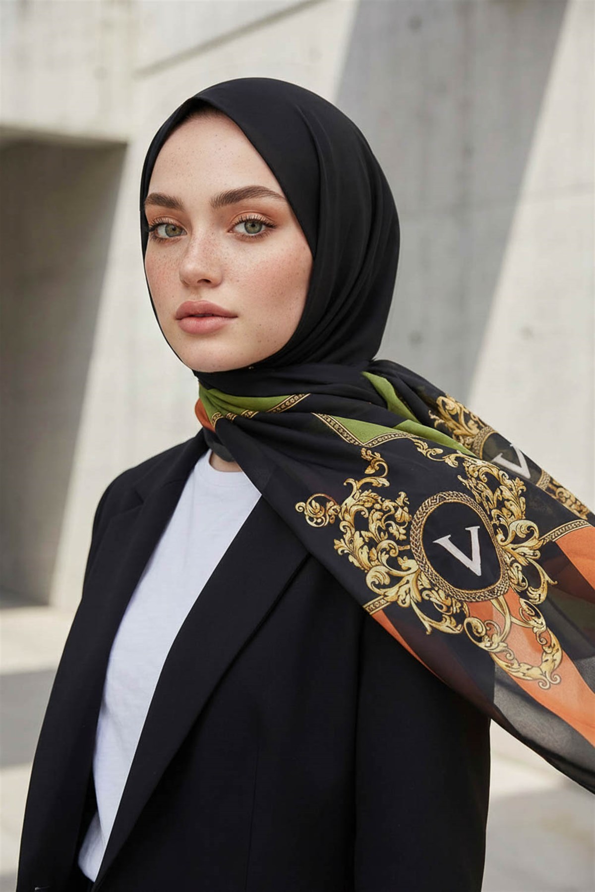 %100 Saf İpek Şal İnce Saten Vual Dokuma Şeritli Ve Varak Desenli Haki - Taba Renkli 90x210 Şal