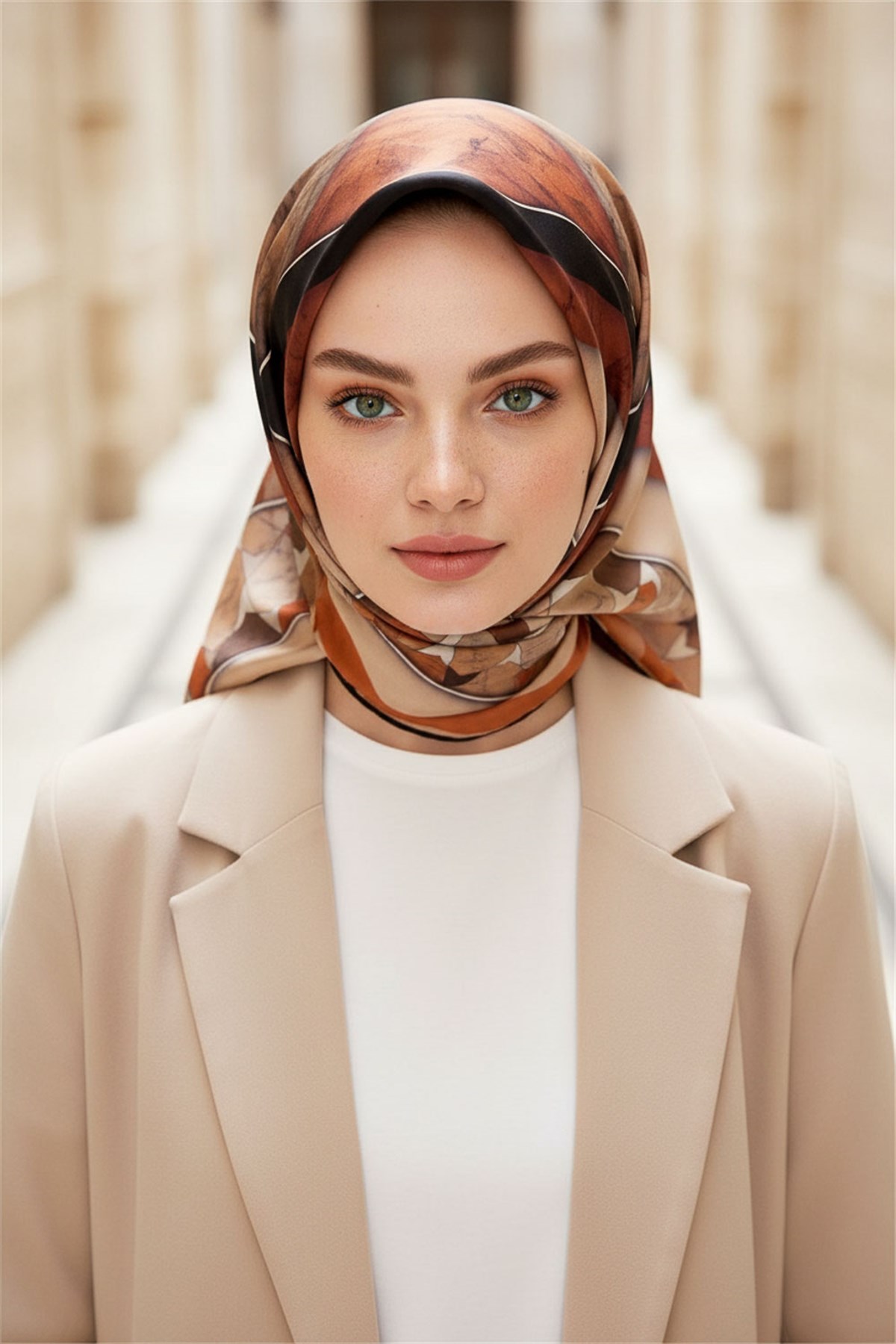 %100 Twill İpek Mermer Efektrli Geometrik Desenli Taba - Gold Renkli 90x90 Eşarp Dikim Şekli : El Dikişi