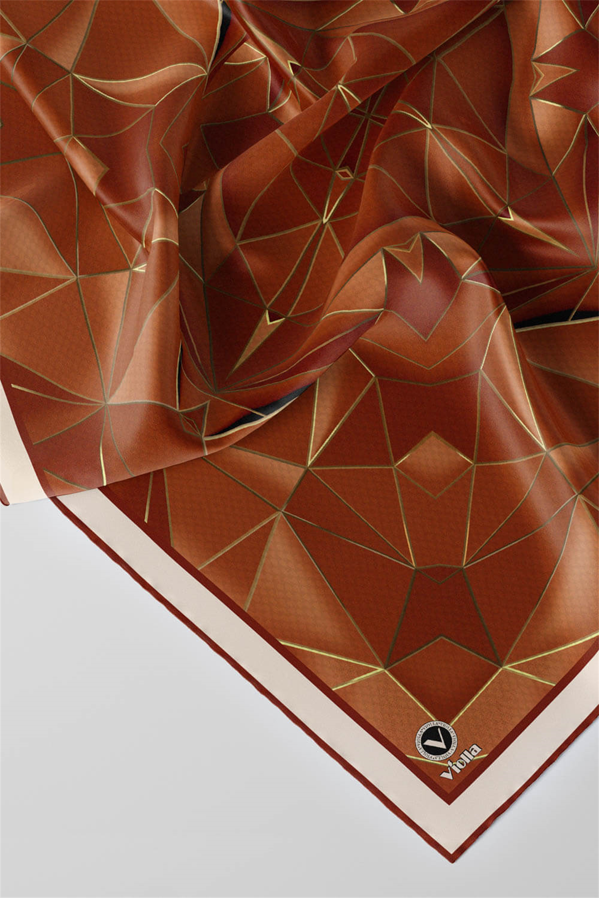 Twill Geometrik Desenli Taba Renkli 90x90 Eşarp (İpek İçermez) Kenar Dikiş Şekli El Dikişli
