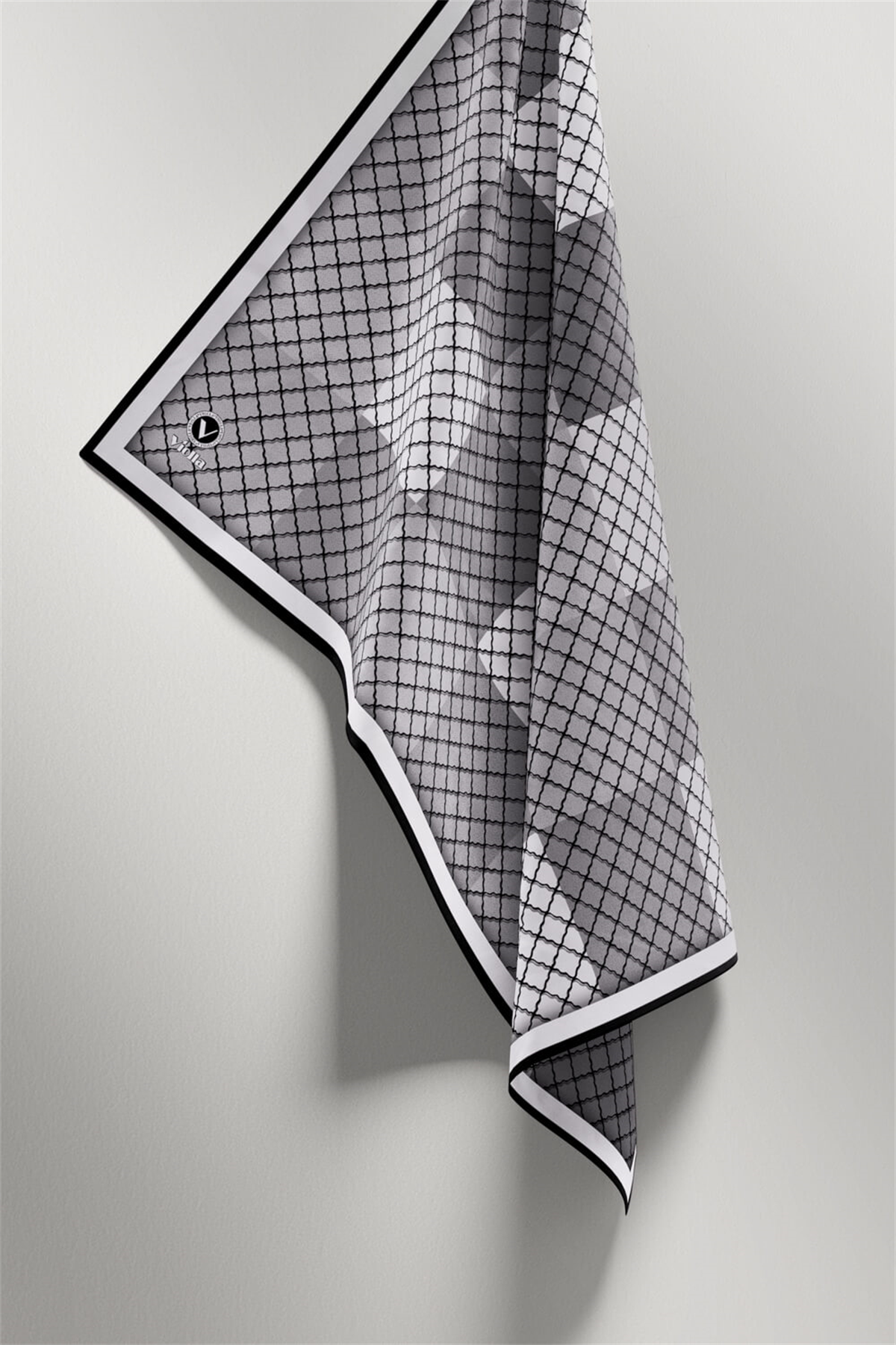 Twill Kare Desenli Gri Renkli 90x90 Eşarp (İpek İçermez) Kenar Dikiş Şekli El Dikişli
