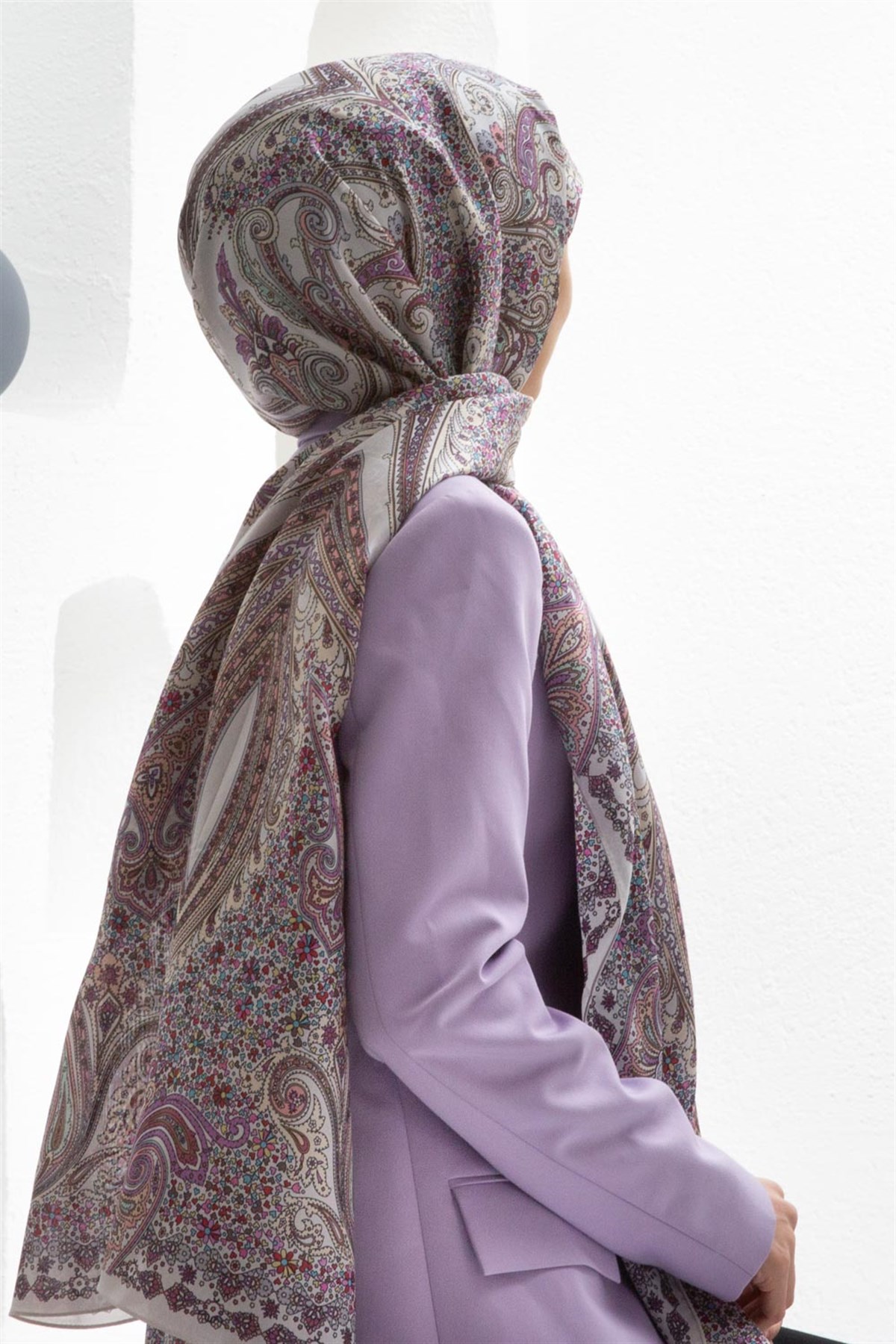 100% İpek Etro Desenli Gri - Taba Renkli 92x210 Şal