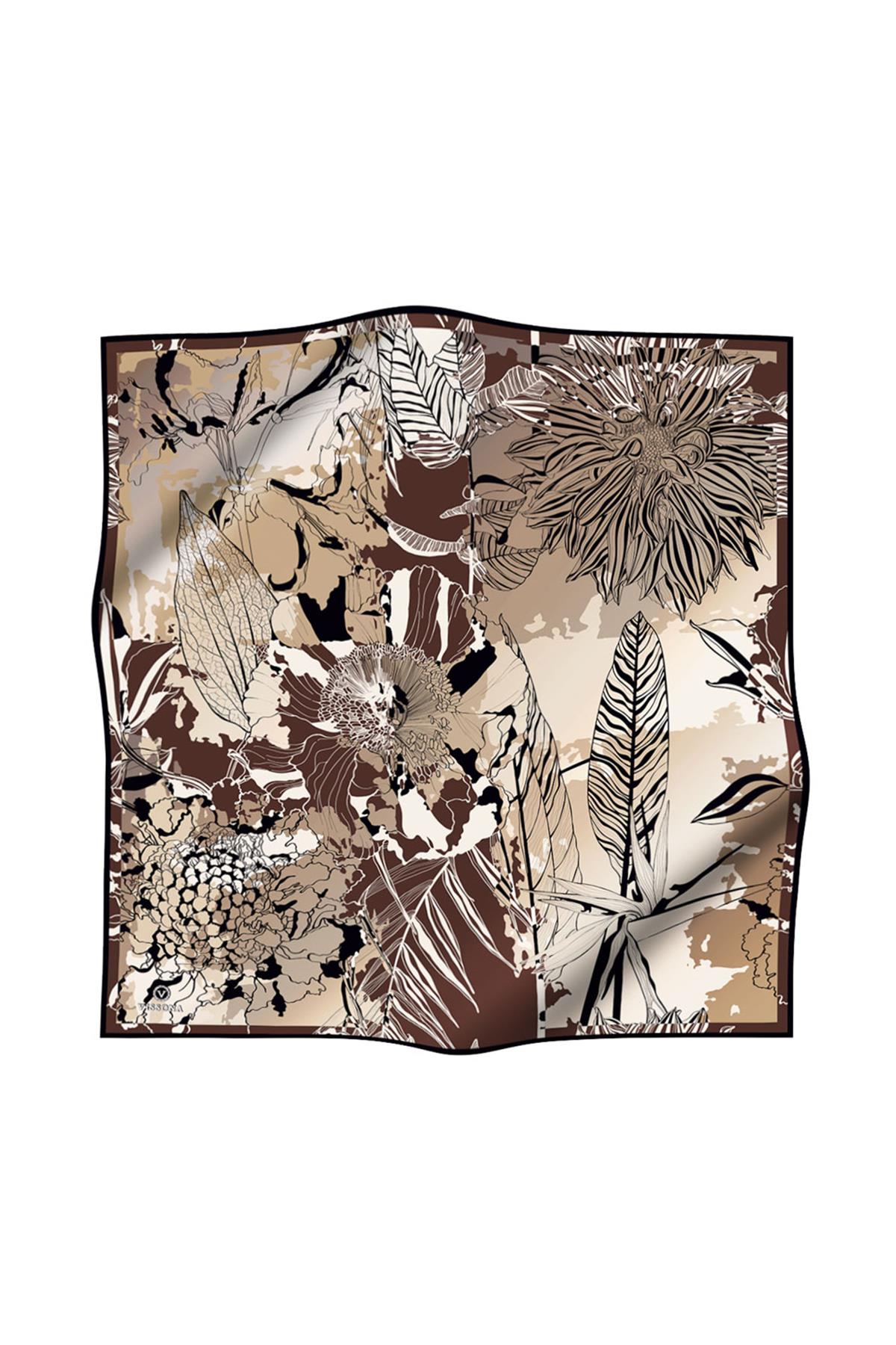 %100 Twill İpek Yaprak Desenli Kahverengi - Bej Renkli 90x90 Eşarp Dikim Şekli : El Dikişi