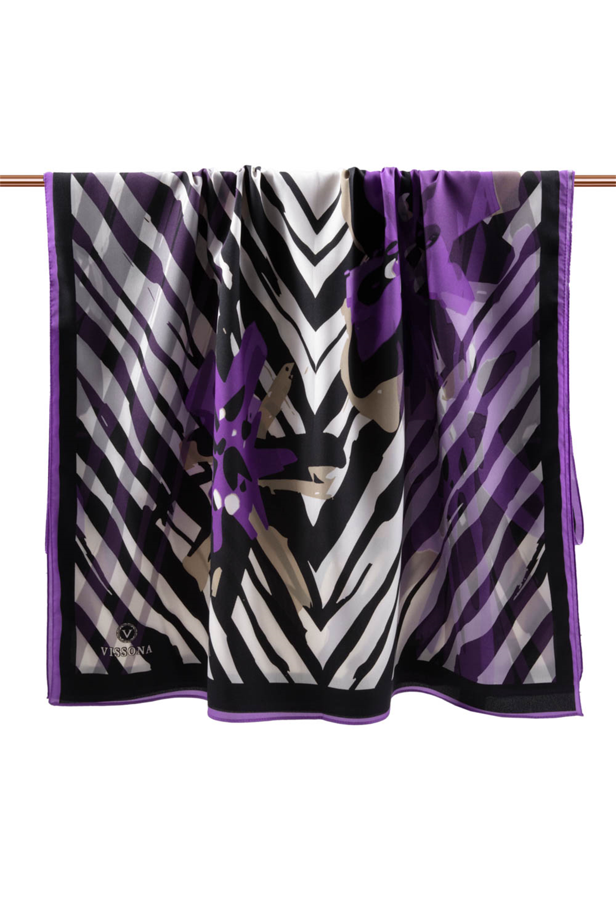 LÜKS MEDİNE İPEĞİ ZEBRA VE ÇİÇEK DESENLİ LİLA RENKLİ 75X195 KIRIŞMAZ ŞAL MOSS KREP DİKİŞ TİPİ İTALYAN DİKİŞLİ