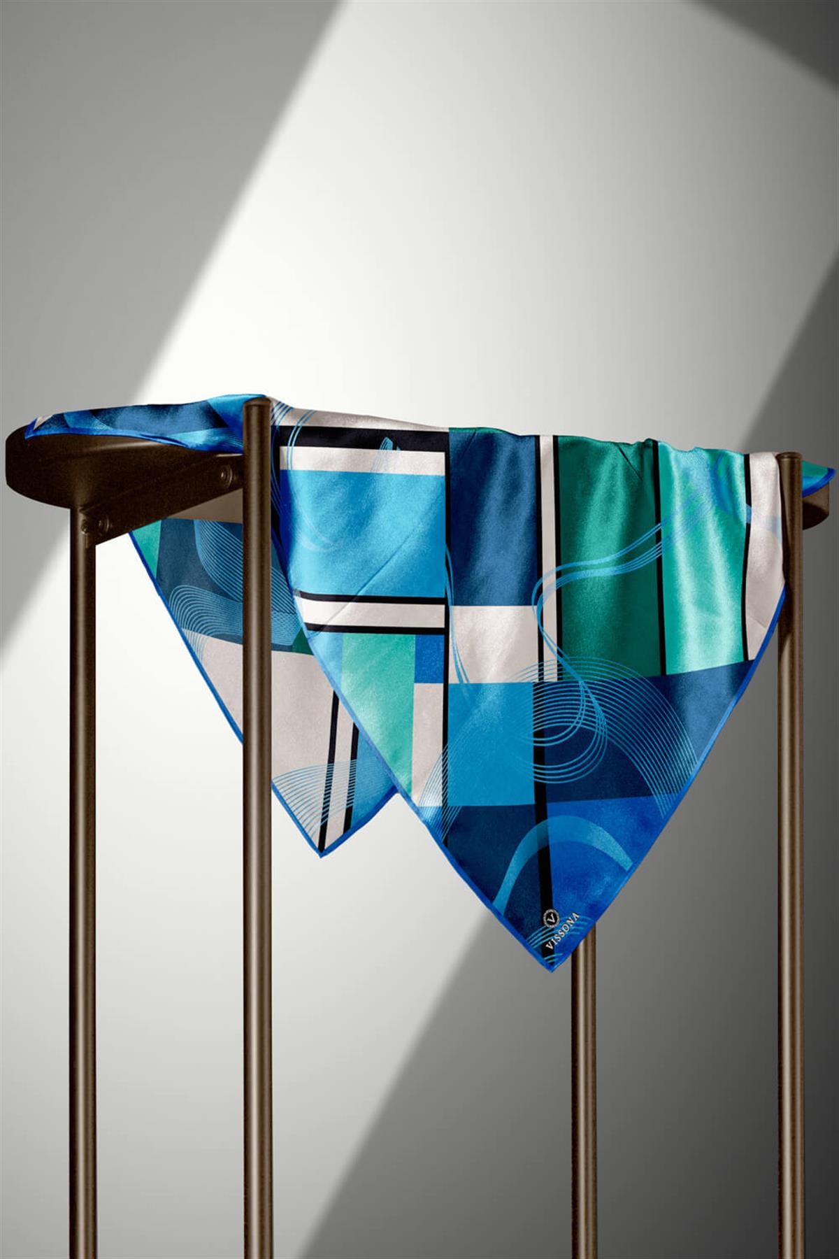 %100 Twill İpek Geometrik Desenli Saks - Mint Yeşili Renkli 90x90 Eşarp Dikim Şekli : El Dikişi