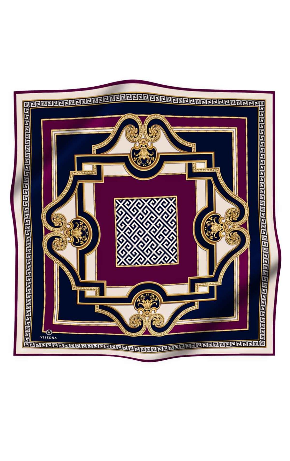 %100 Twill İpek Barok Desenli Mürdüm - Lacivert Renkli 90x90 Eşarp Dikim Şekli : El Dikişi