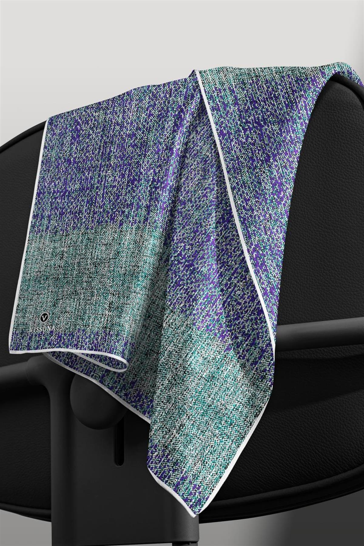 %100 Twill İpek Dokulu Desen Mor - Turkuaz Renkli 90x90 Eşarp Kenar Dikiş Şekli El Dikişli