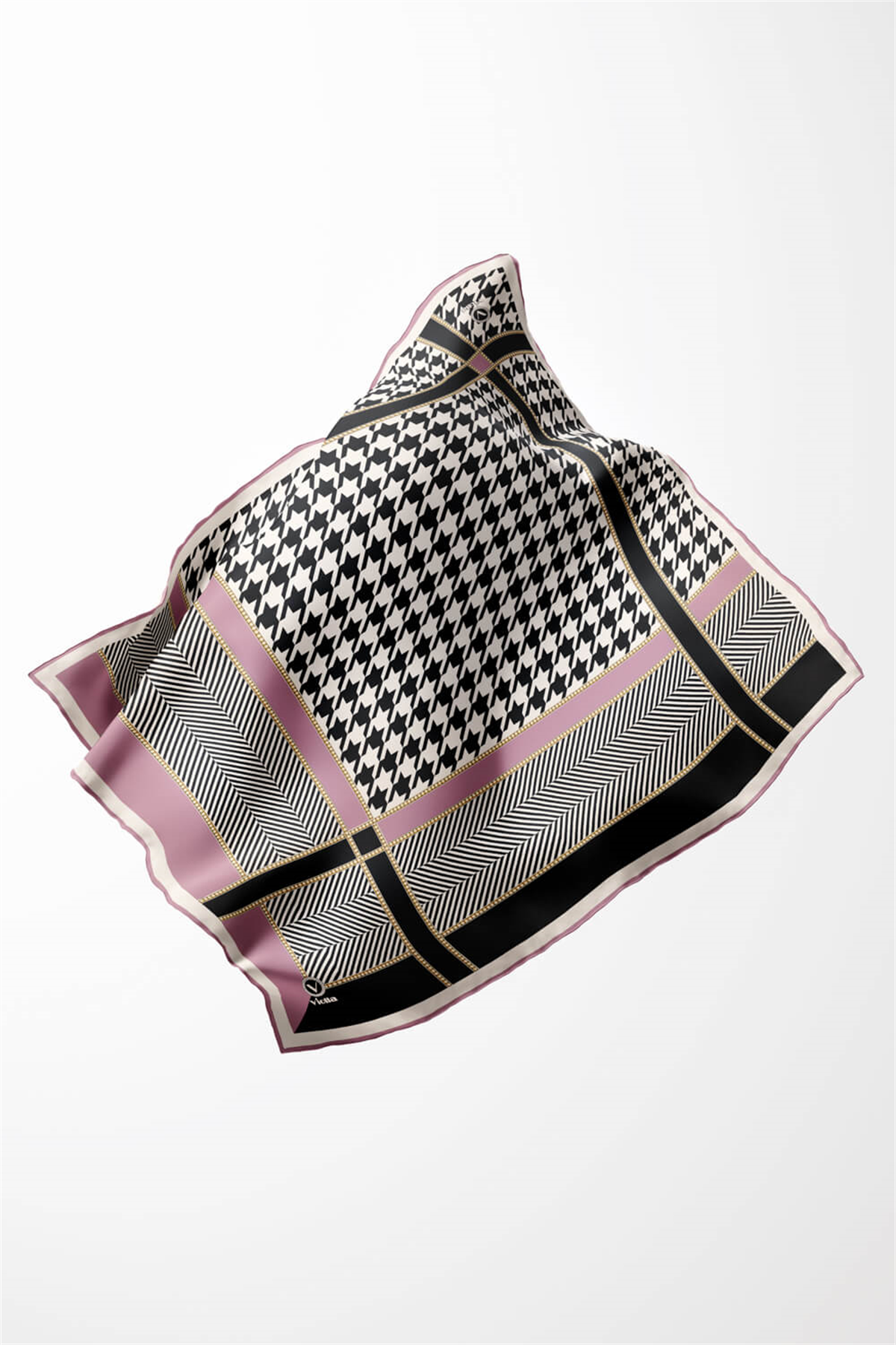 Twill Kazayağı Desenli Pembe Renkli 90x90 Eşarp (İpek İçermez) Kenar Dikiş Şekli El Dikişli