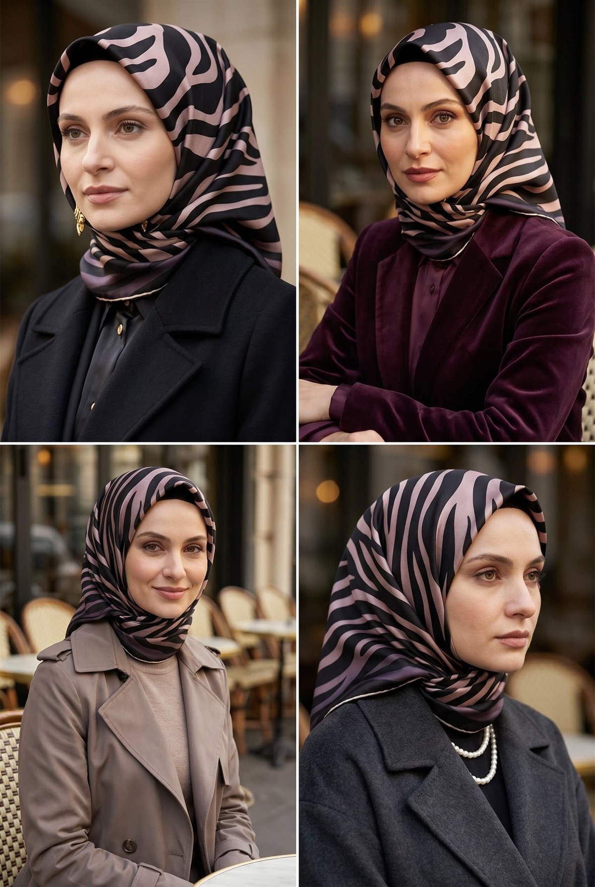 %100 Twill İpek Zebra Desenli Pudra - Siyah Renkli 90x90 Eşarp Dikim Şekli : El Dikişi