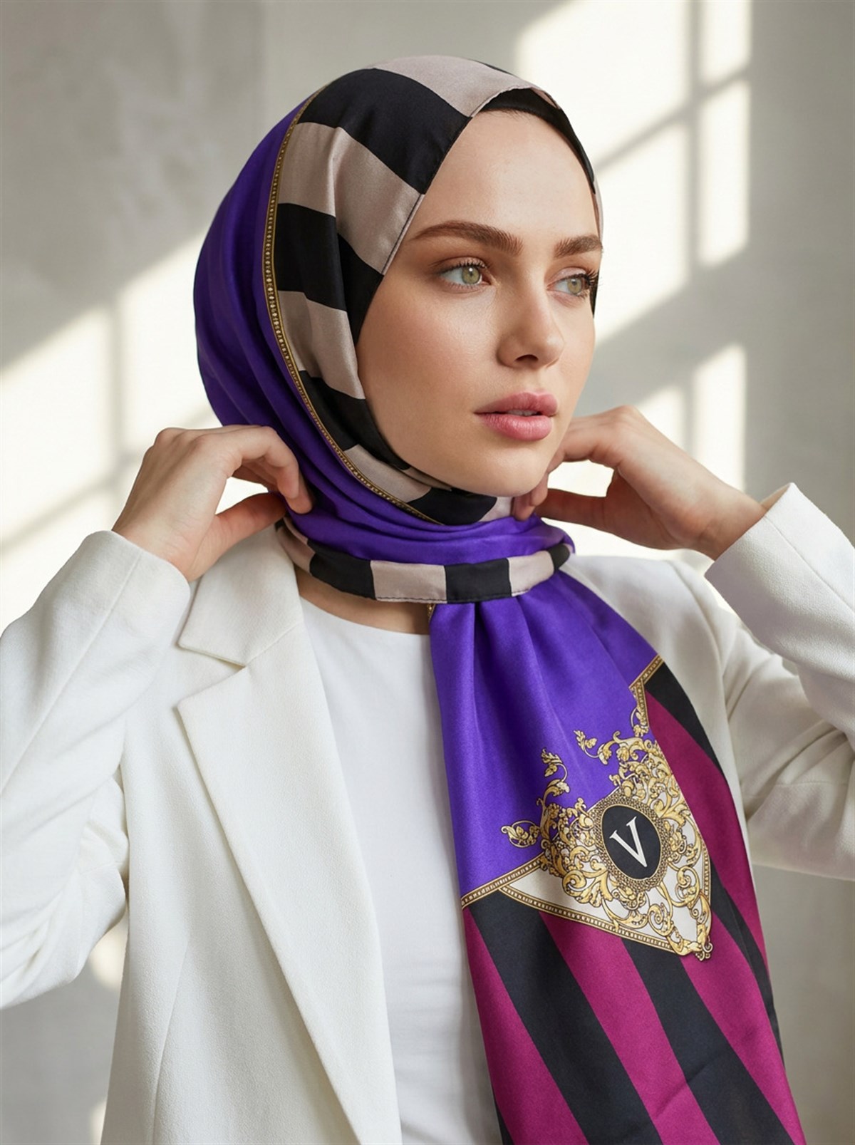 %100 Saf İpek Şal İnce Saten Vual Dokuma Şerit Ve Varak Desenli Mor - Lila Renkli 90x210 Şal