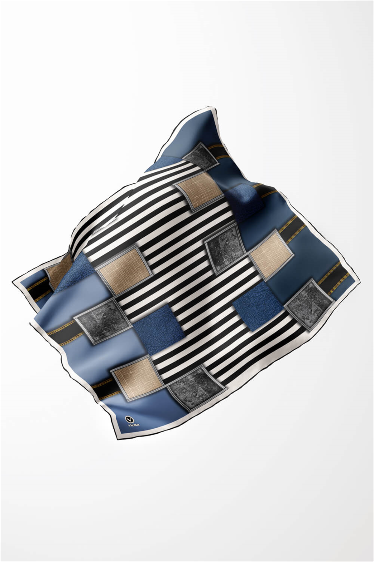 Twill Geometrik Ve Çizgili Desenli İndigo Renkli 90x90 Eşarp (İpek İçermez) Dikim Şekli : El Dikişi