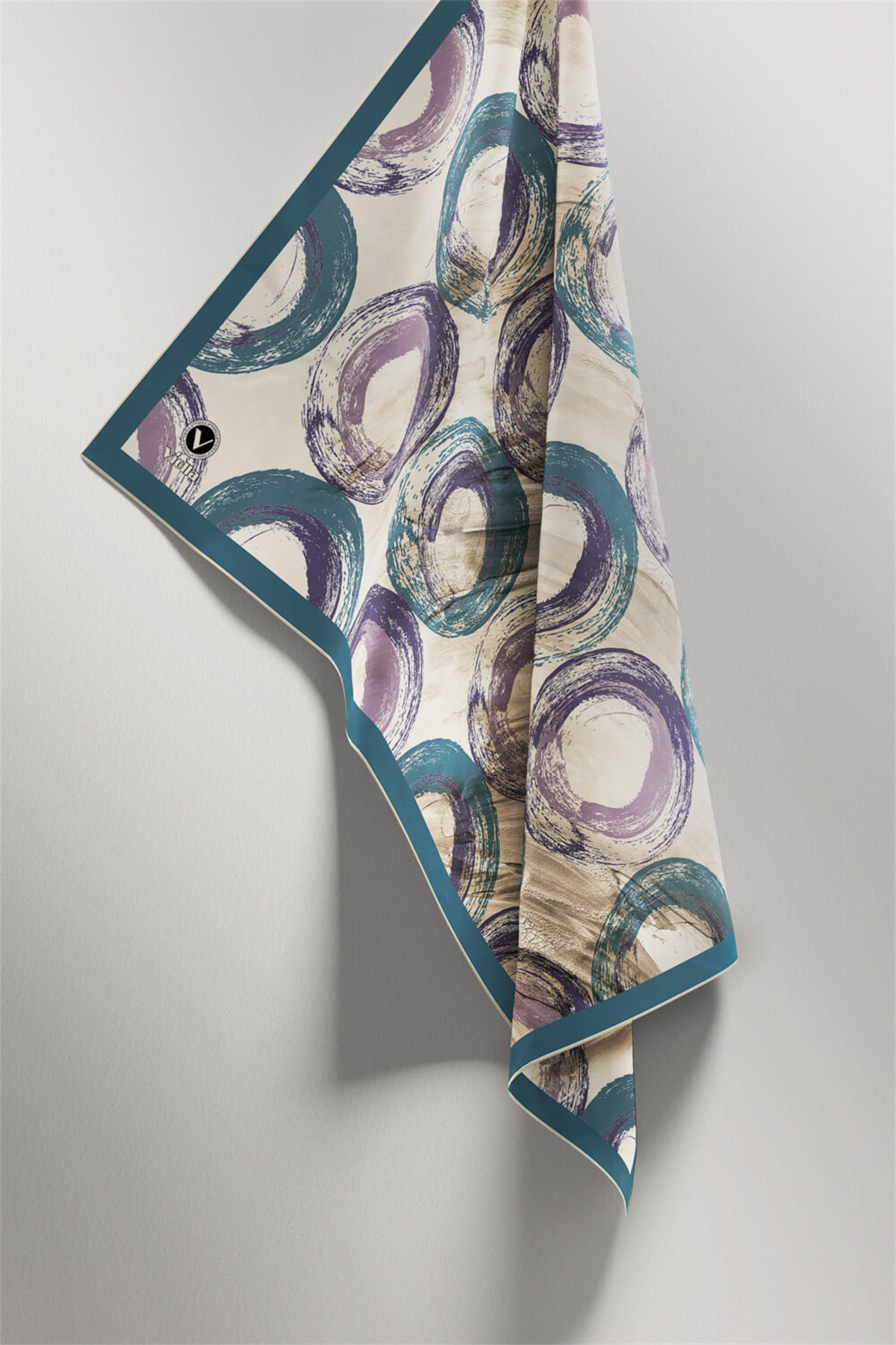 Twill Geometrik Fırça Darbesi Desenli Petrol Mavisi Renkli 90x90 Eşarp (İpek İçermez) Kenar Dikiş Şekli El Dikişli
