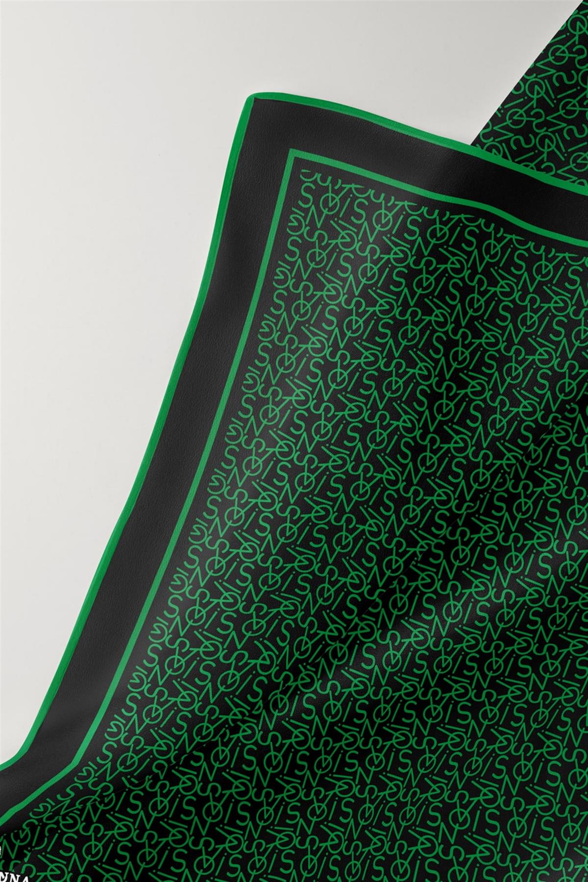 %100 Twill İpek Harf Desenli Siyah - Benetton Yeşili Renkli 90x90 Eşarp Dikim Şekli : El Dikişi