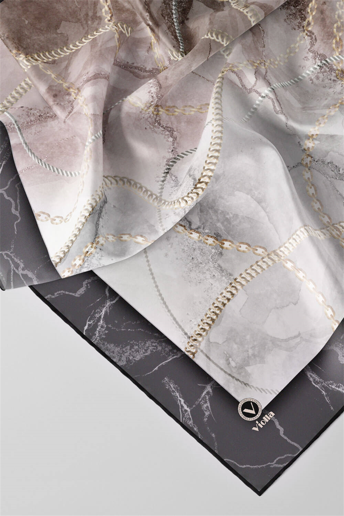 Twill Mermer ve Zincir Desenli Gri Renkli 90x90 Eşarp (İpek İçermez) Kenar Dikiş Şekli El Dikişli