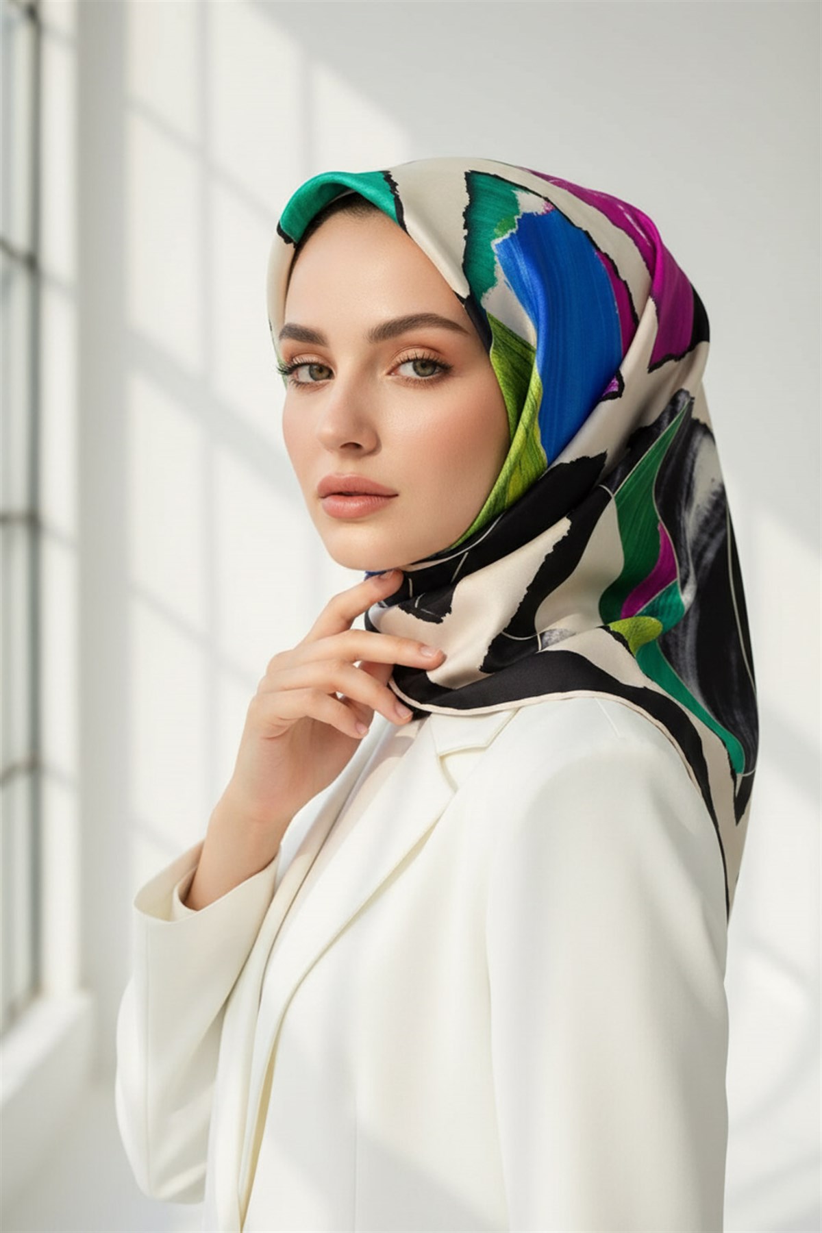%100 Twill İpek Geometrik Desenli Fuşya - Saks Renkli 90x90 Eşarp Dikim Şekli : El Dikişi