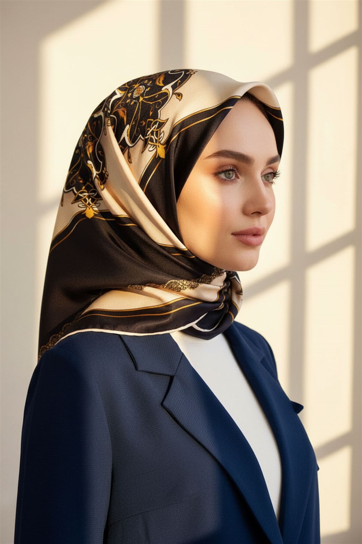 %100 Twill Barok Desenli Lacivert - Krem Renkli 90x90 Eşarp Dikim Şekli: El Dikişi