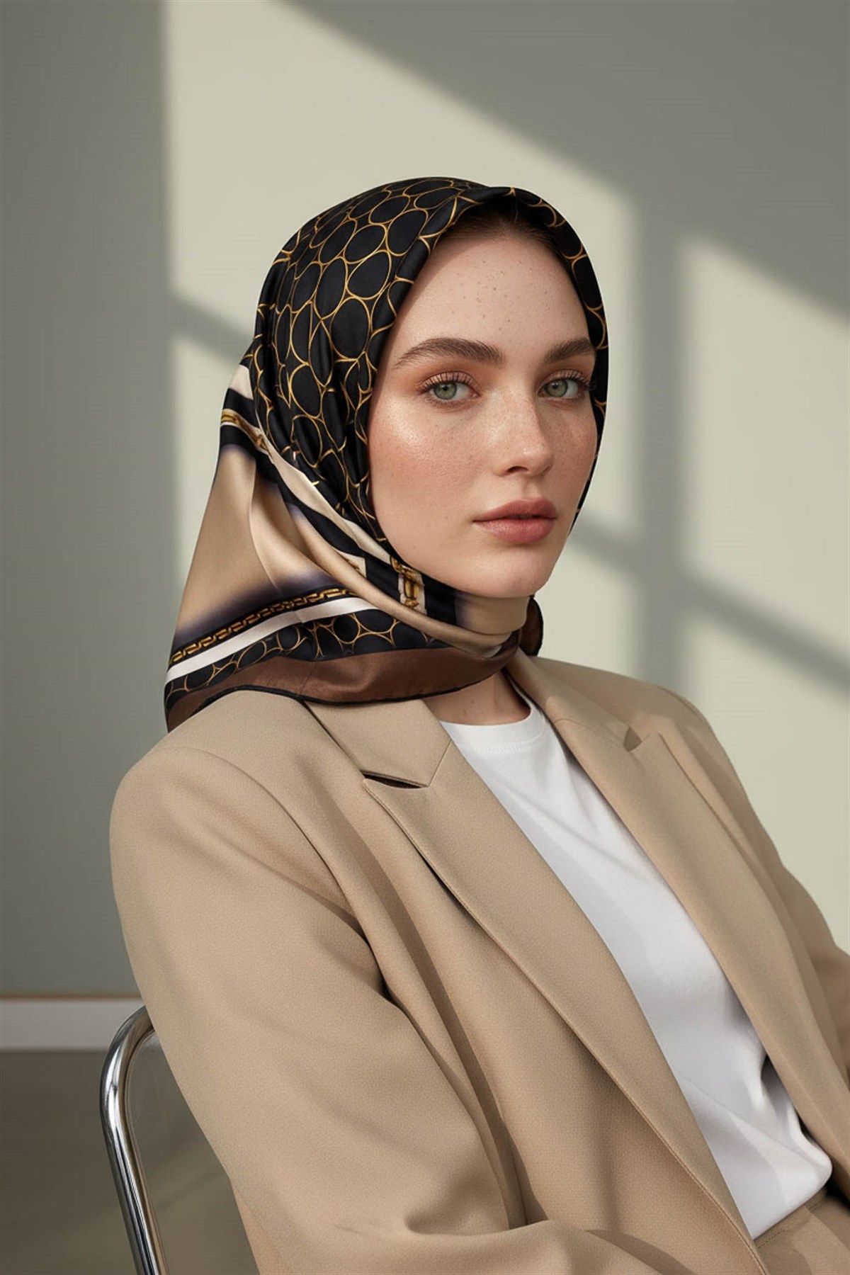 % 57 İPEK %43 VİSKON Twill İpek Gold Halka Desenli Bej - Kahverengi Renkli 90x90 Eşarp Dikim Şekli : El Dikişi