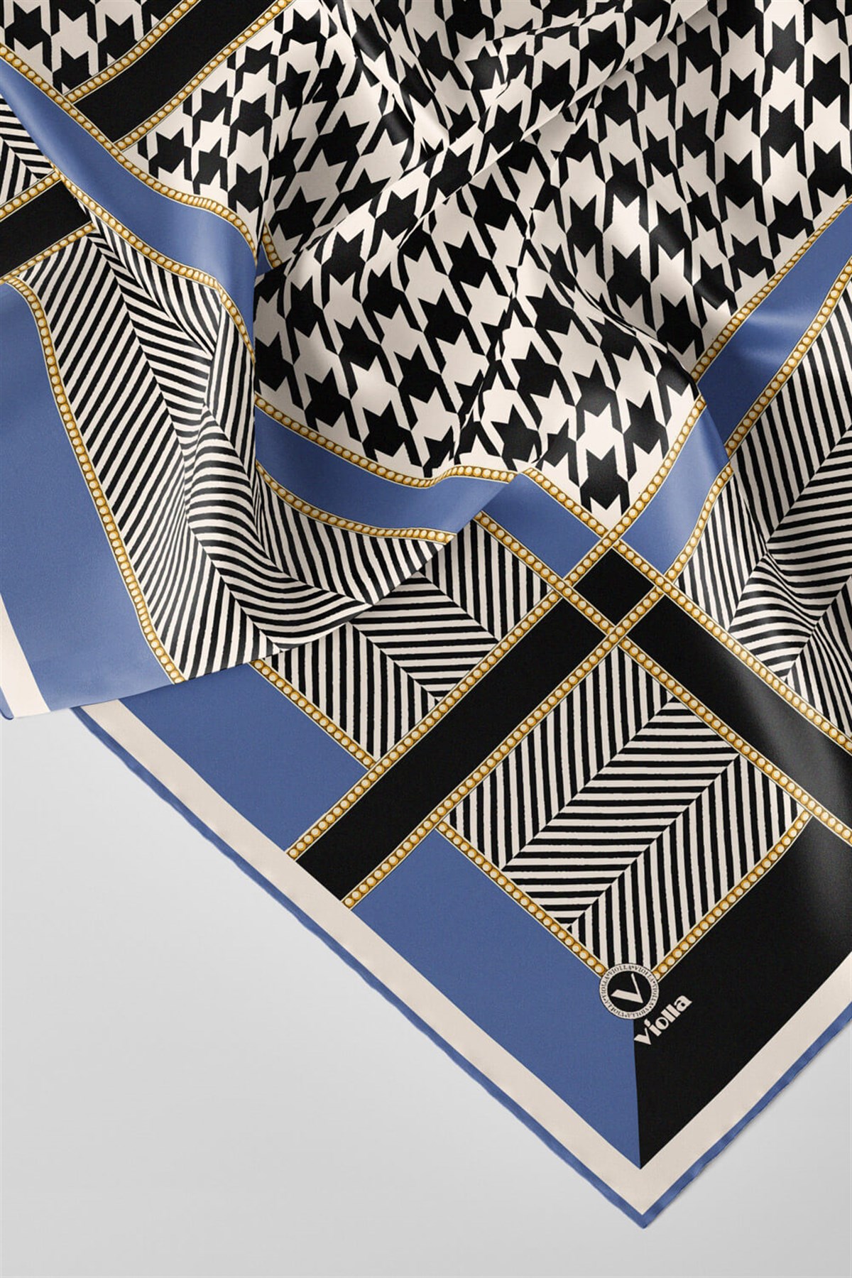 Twill Kazayağı Desenli İndigo Renkli 90x90 Eşarp (İpek İçermez) Kenar Dikiş Şekli El Dikişli