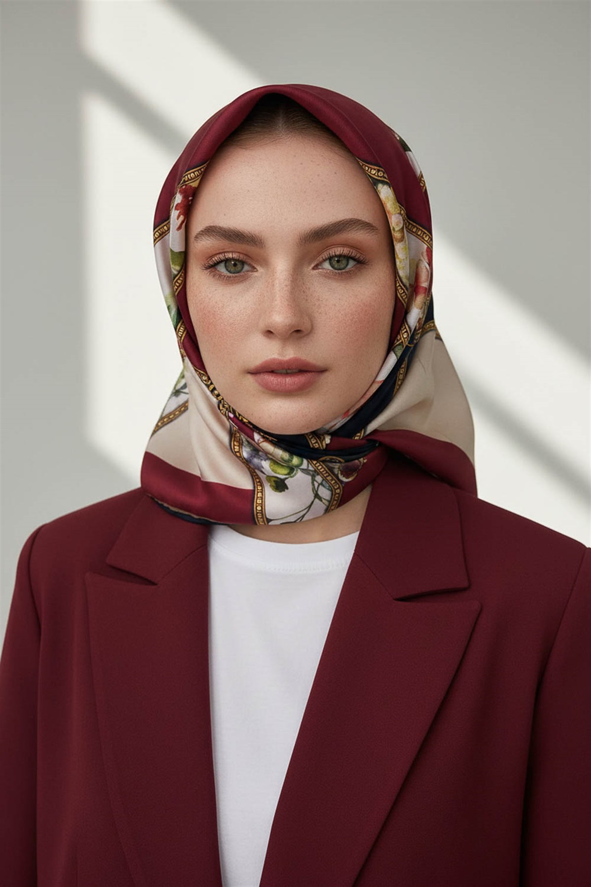 100% Twill İpek Şeritli Çiçek Desenli Bordo - Lacivert Renkli 90x90 Dikim Şekli : El Dikişi Eşarp