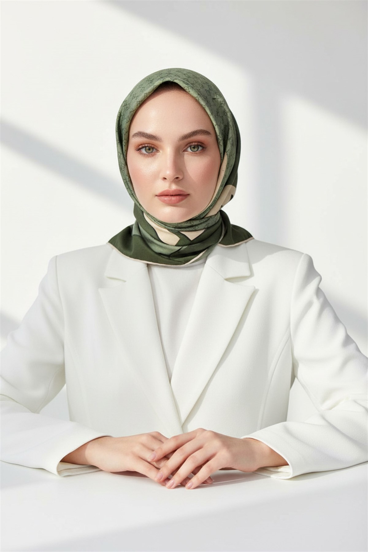 %100 Twill İpek Degrade Desenli Haki - Bej Renkli 90x90 Eşarp Dikim Şekli : El Dikişi