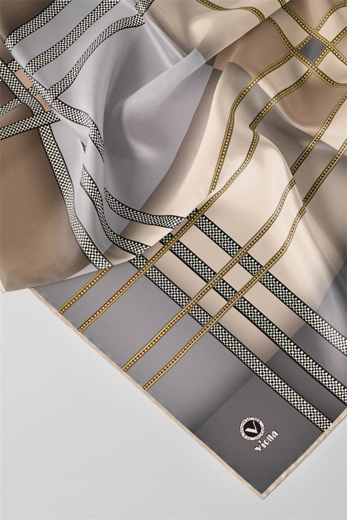 Twill Geometrik Desenli Gri - Bej Renkli 90x90 Eşarp (İpek İçermez) Kenar Dikiş Şekli El Dikişli