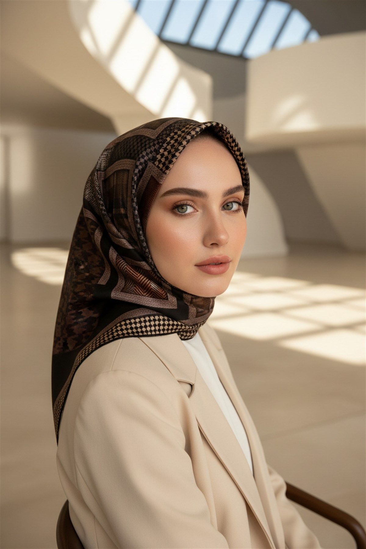 %100 Twill İpek Kazakayaklı Ve Ekose Desenli Siyah - Taba Renkli 90x90 Eşarp Dikim Şekli : El Dikişi