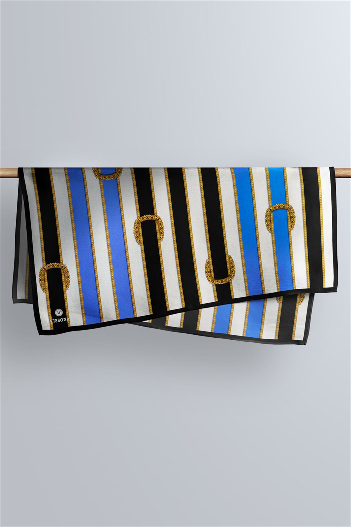 %100 Twill İpek Kemer Desenli Siyah - Saks Renkli 90x90 Eşarp Dikim Şekli : El Dikişi