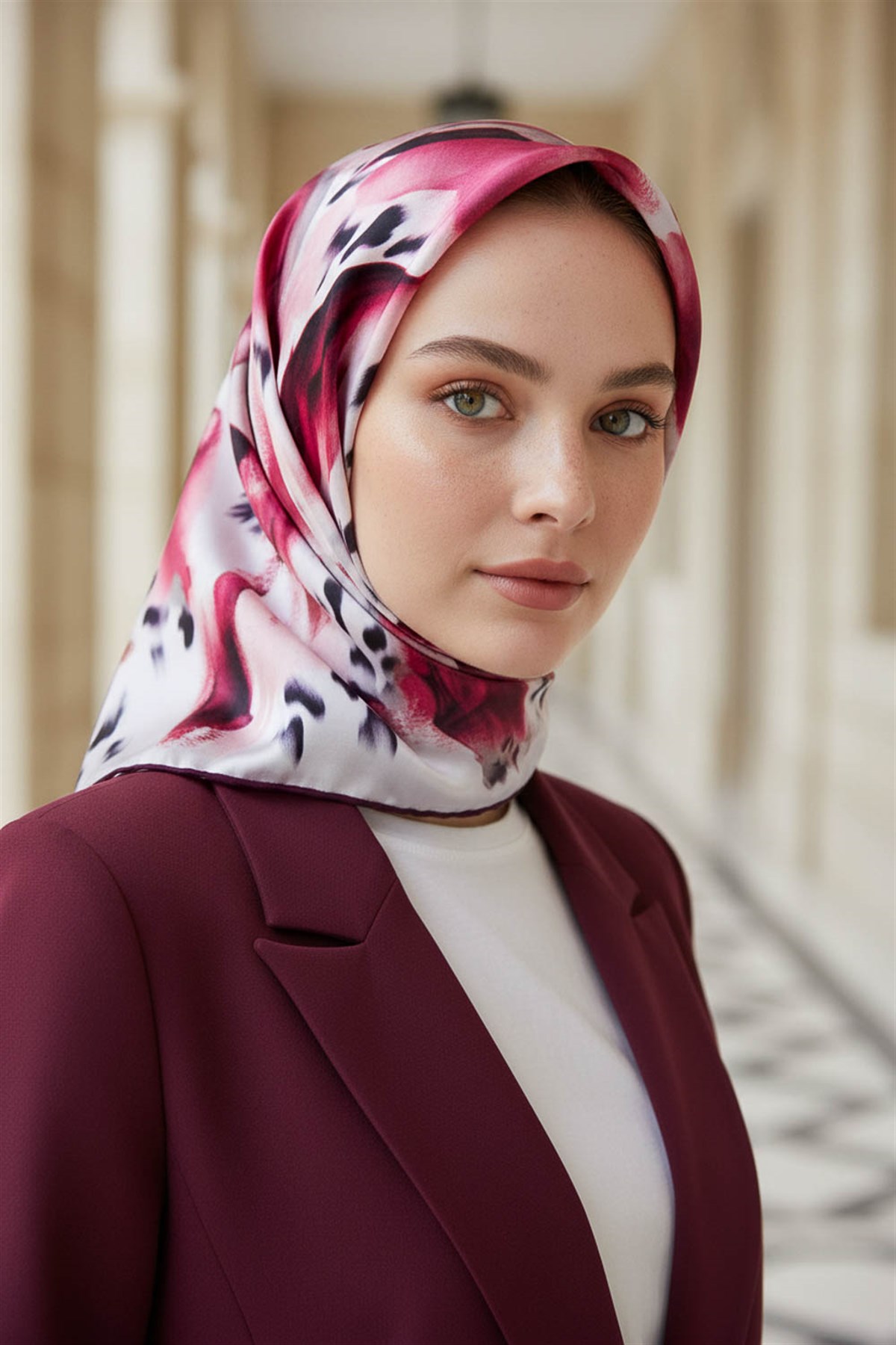 %100 Twill İpek Batik Desenli Bordo - Gri Renkli 90x90 Eşarp Dikim Şekli : El Dikişi