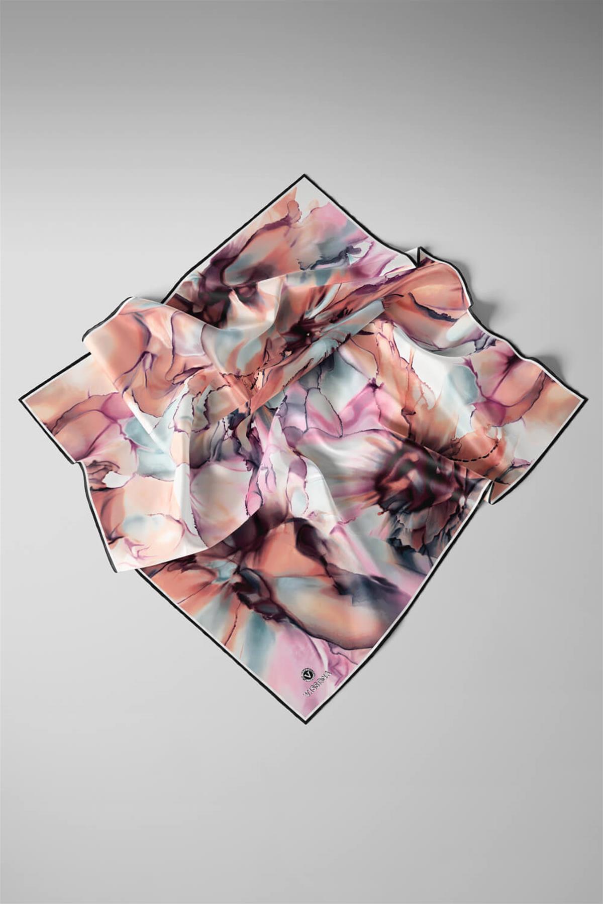 %100 Twill İpek Batik Çiçek Desenli Somon - Lila Renkli 90x90 Eşarp Kenar Dikiş Şekli El Dikişli