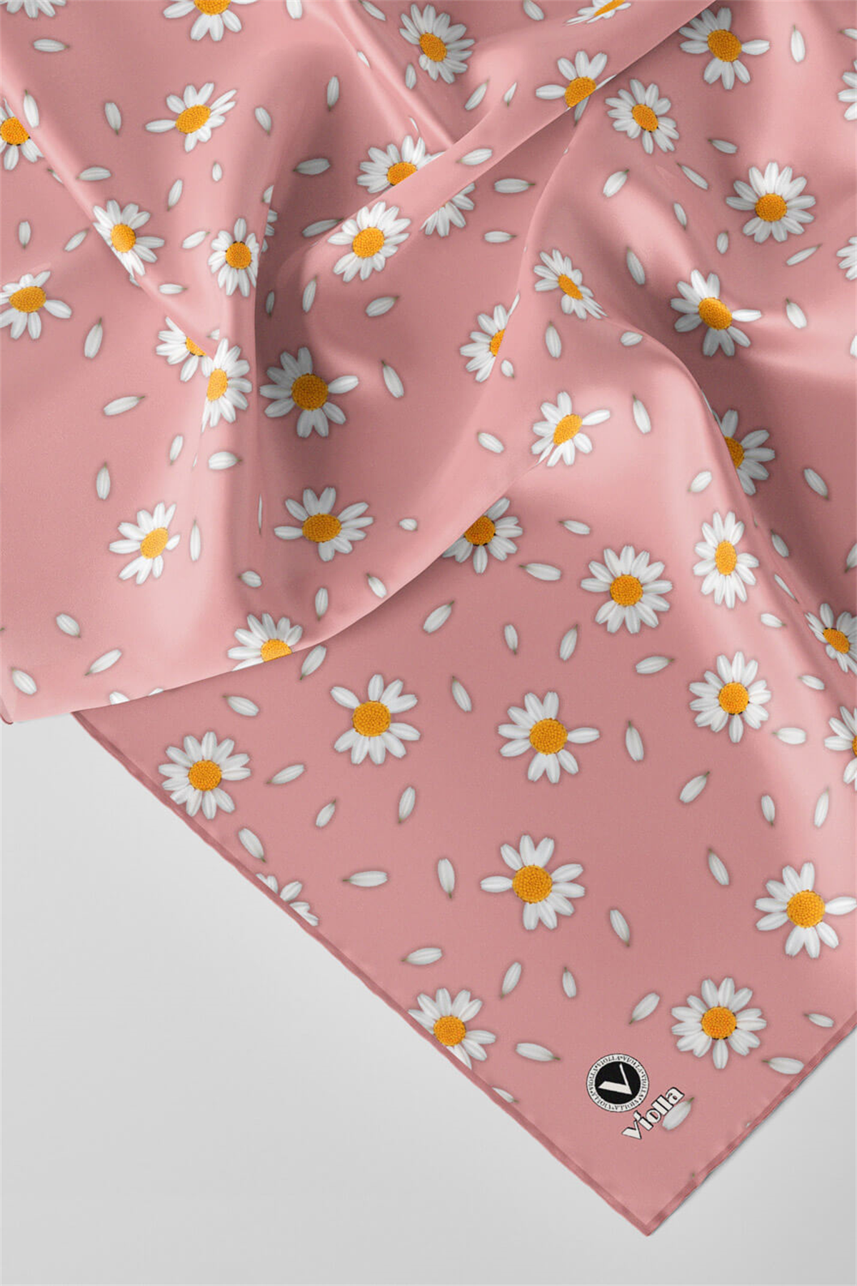 Twill Papatya Desenli Pudra Renkli 90x90 Eşarp (İpek İçermez) Kenar Dikiş Şekli El Dikişli