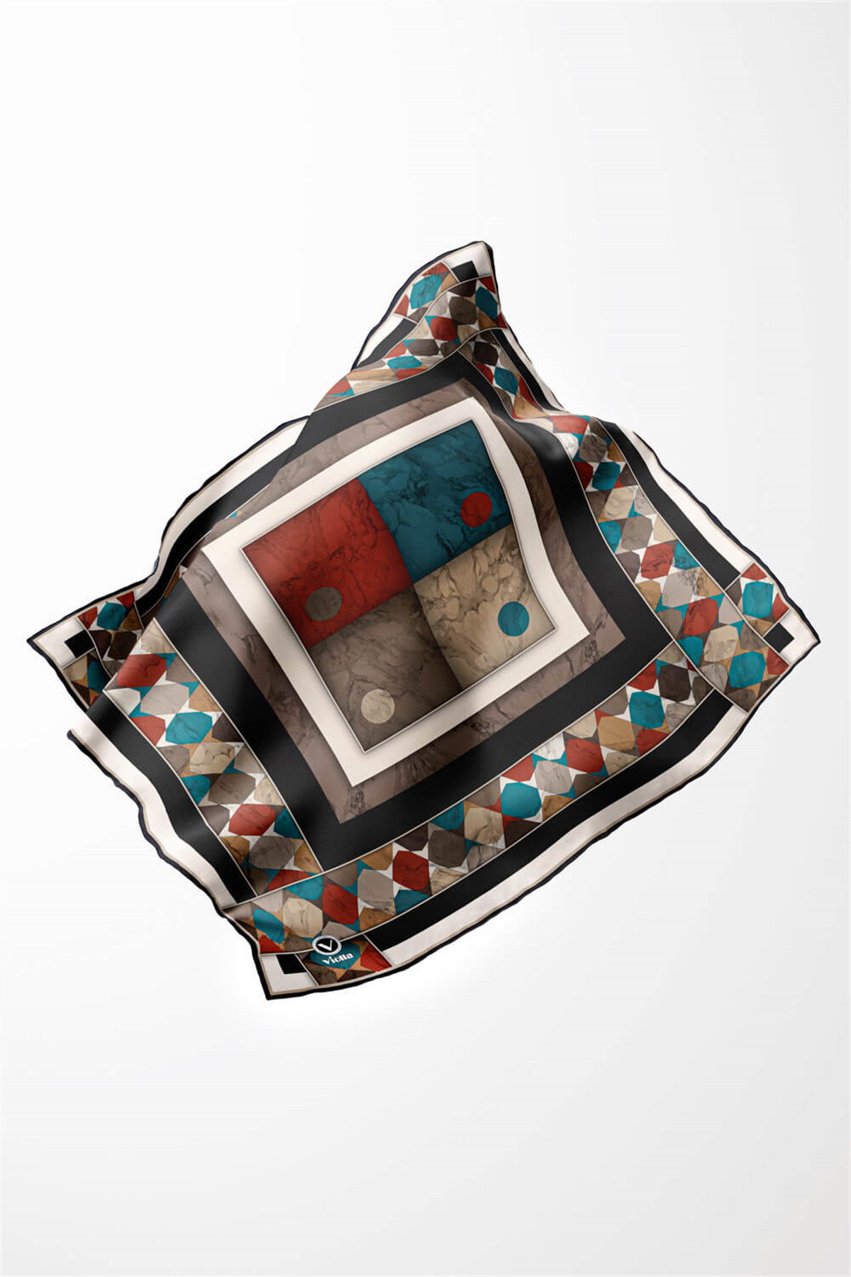 Twill Geometrik Mermer Desenli Siyah Renkli 90x90 Eşarp (İpek İçermez) Kenar Dikiş Şekli El Dikişli