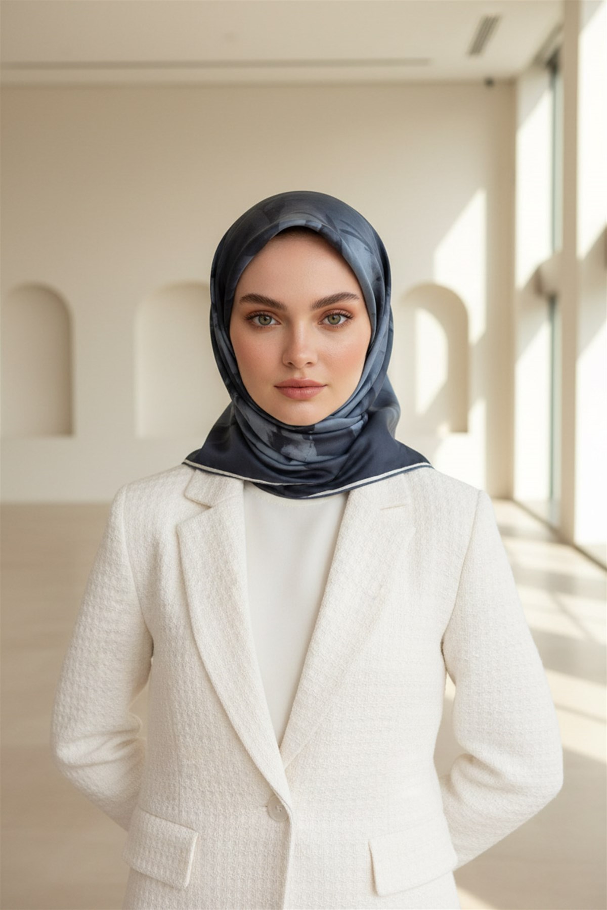 100% Twill İpek Çiçek Desenli Bebe Mavisi Renkli 90x90 Dikim Şekli : El Dikişi Eşarp