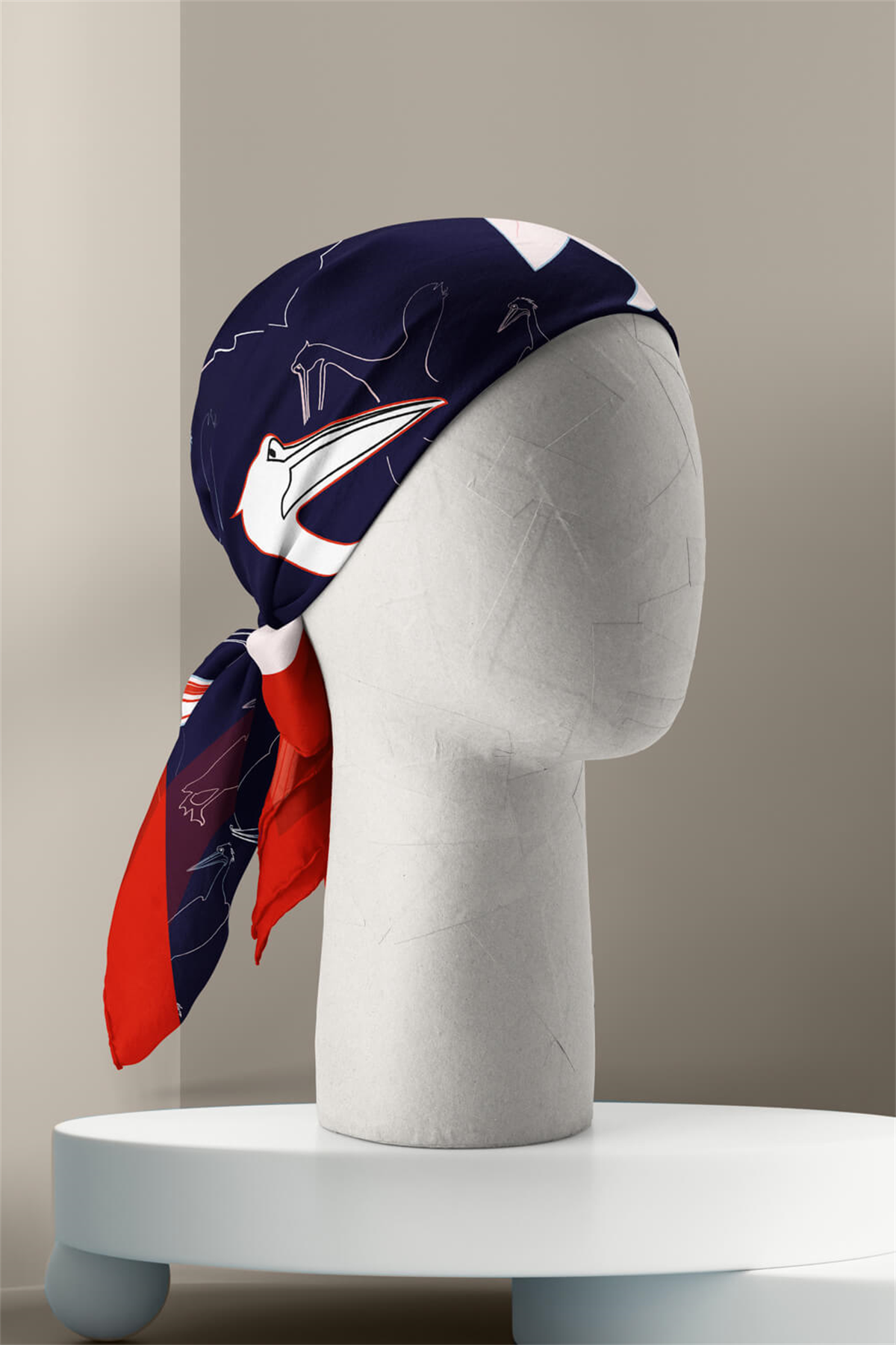 D45 Kadın Kuş Desenli Bandana 50x50 Beyaz Mavi DG0280-22