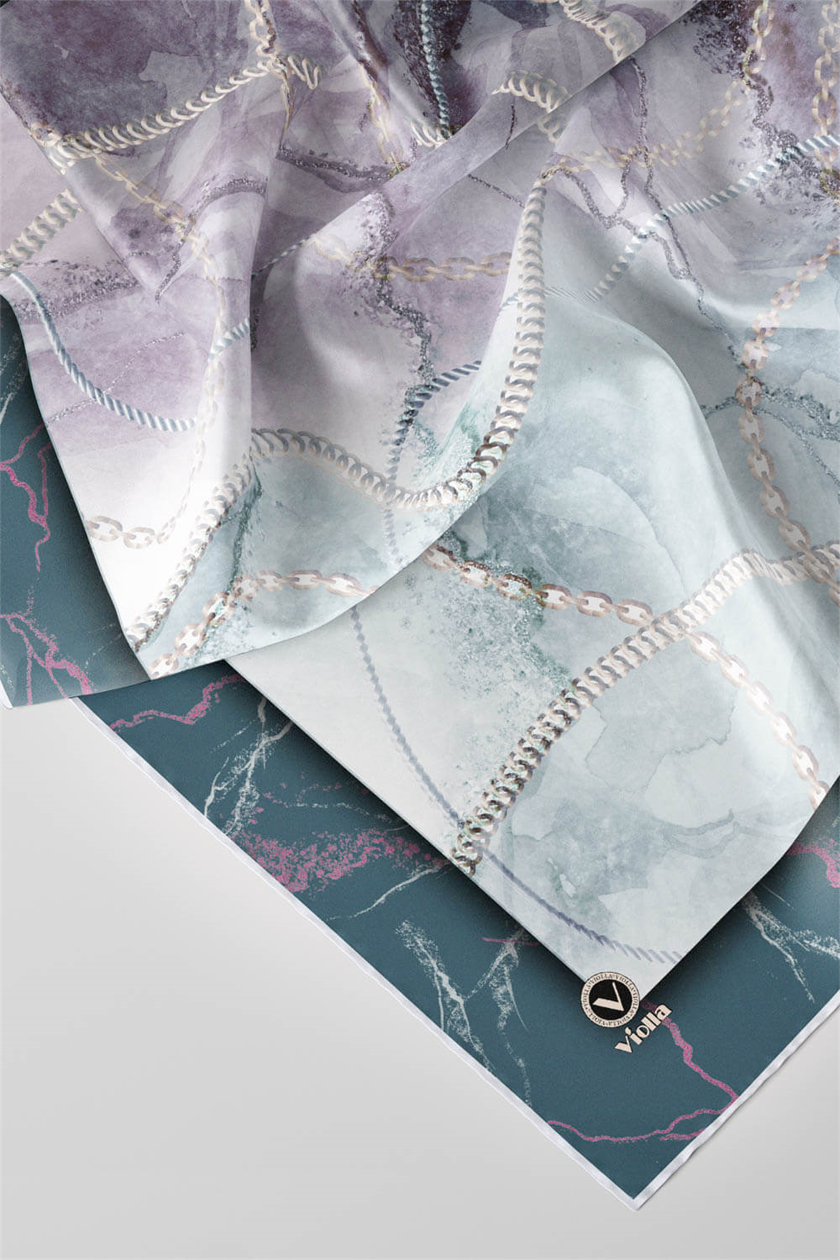 Twill Mermer ve Zincir Desenli Petrol Yeşili Renkli 90x90 Eşarp (İpek İçermez) Kenar Dikiş Şekli El Dikişli