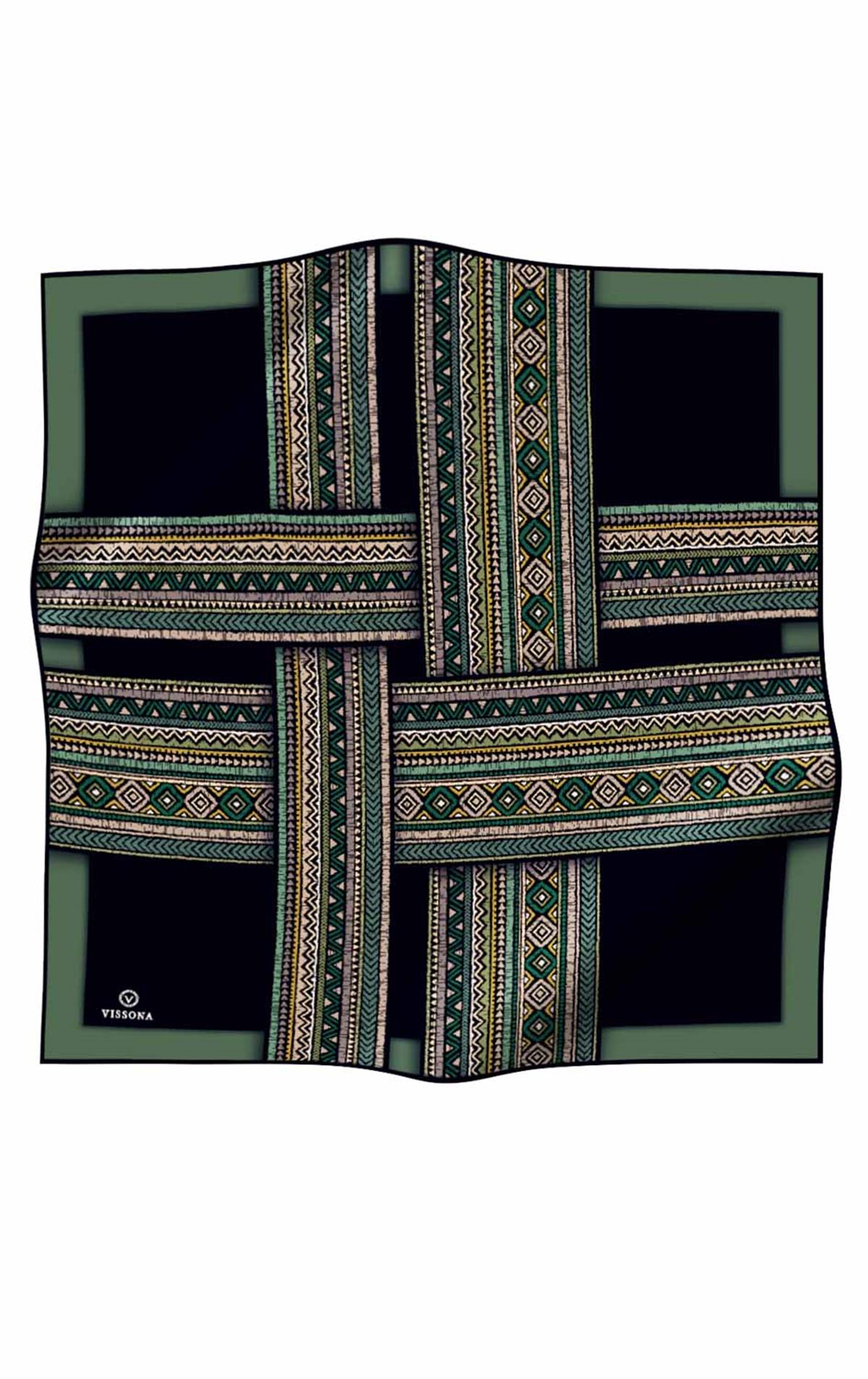 %100 Twill İpek Etnik Desenli Siyah - Zümrüt Yeşili Renkli 90x90 Eşarp Dikim Şekli : El Dikişi
