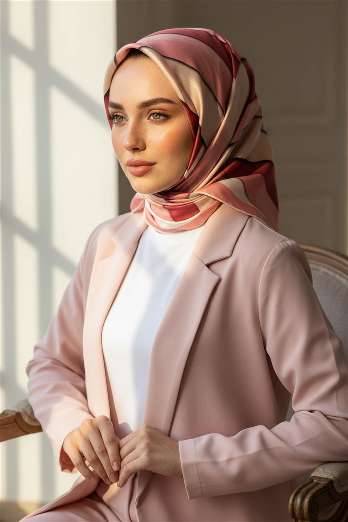% 57 İPEK % 43 VİSKON Twill Geometrik Bulut  Desenli Pudra Gül Kurusu  Renkli 90x90 Eşarp Dikim Şekli: El Dikişi