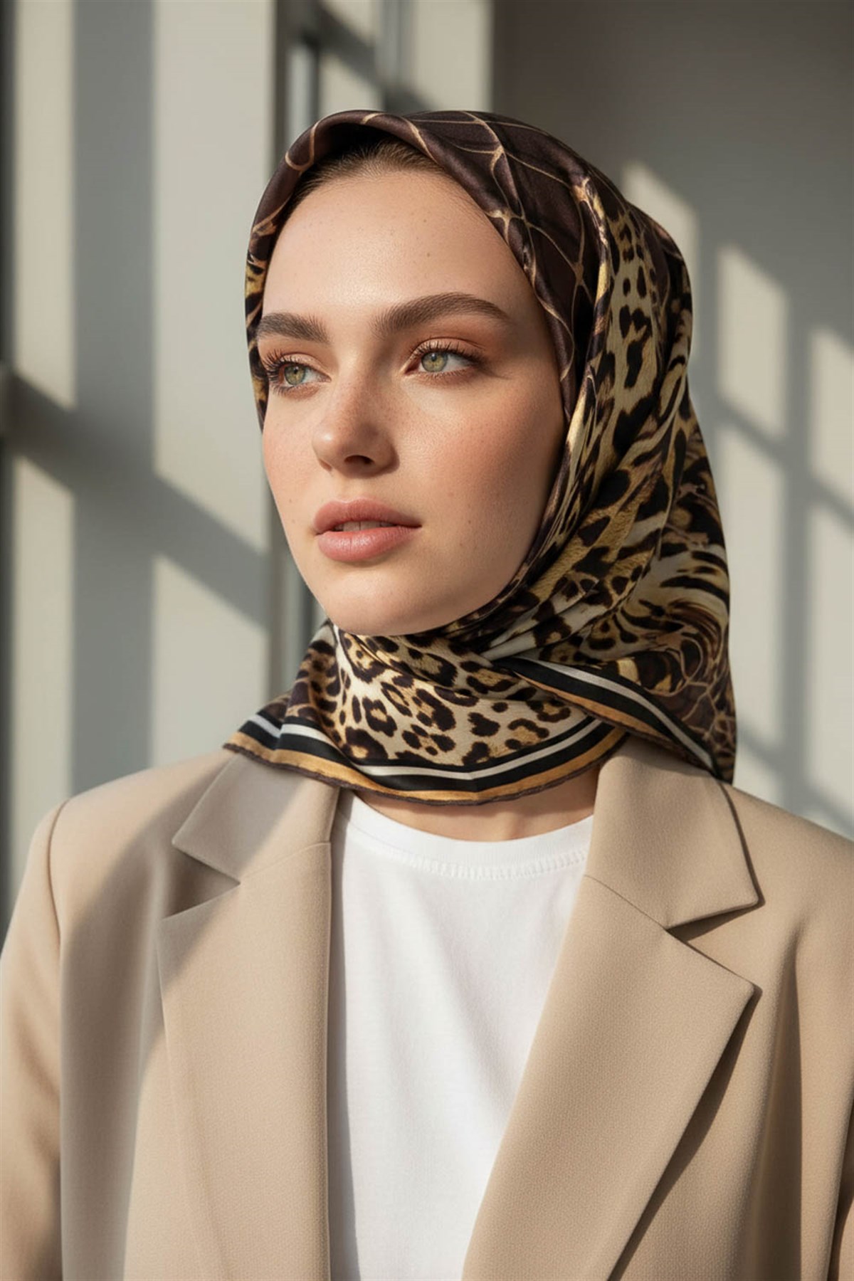 %100 Twill İpek Leopar Desenli Sütlükahverengi Renkli 90x90 Eşarp Dikim Şekli : El Dikişi