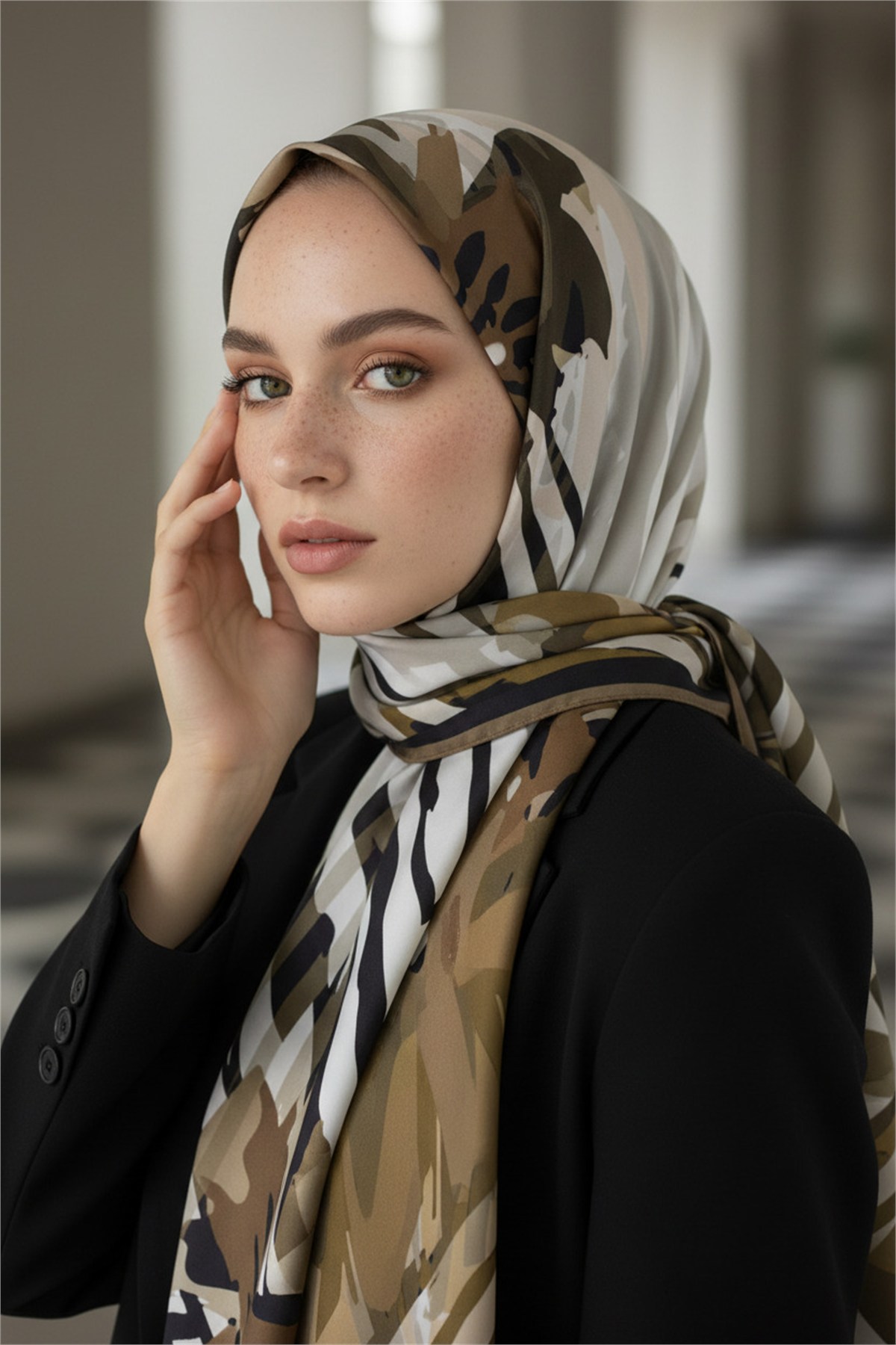 KREP ZEBRA VE ÇİÇEK DESENLİ BEJ RENKLİ 75X195 KIRIŞMAZ ŞAL