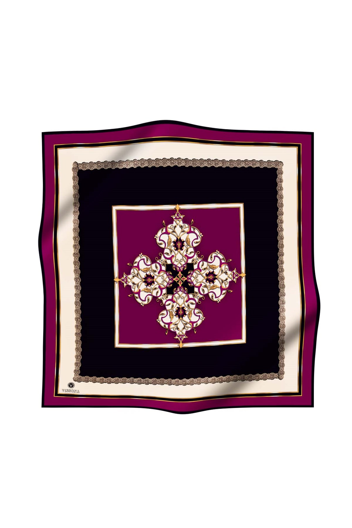 % 57 İPEK % 43 VİSKON Twill İpek Barok Desenli Mürdüm - Siyah Renkli 90x90 Eşarp Dikim Şekli : El Dikişi