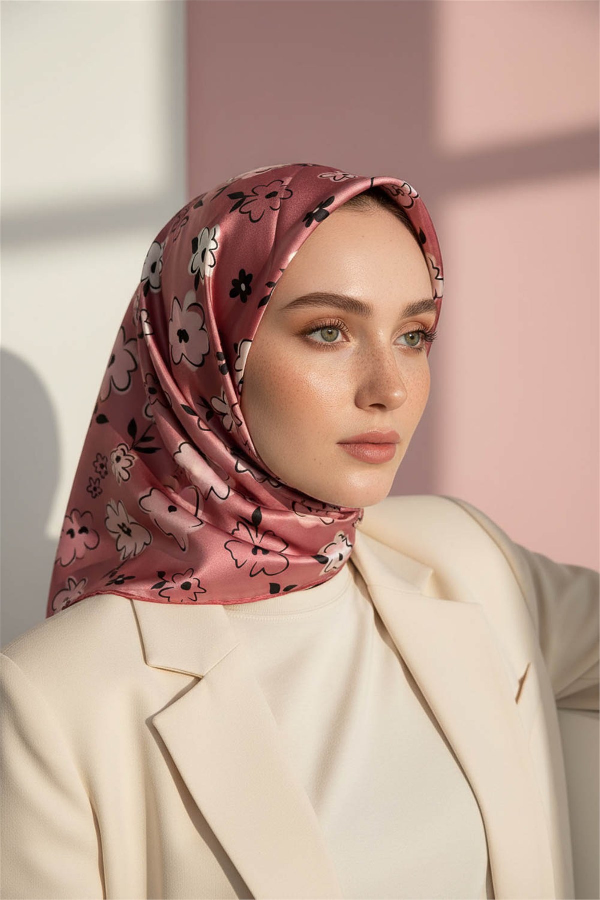 Rayon Papatya Desenli Pudra Renkli 90x90 Eşarp (İpek İçermez) Kenar Dikiş Şekli El Dikişli