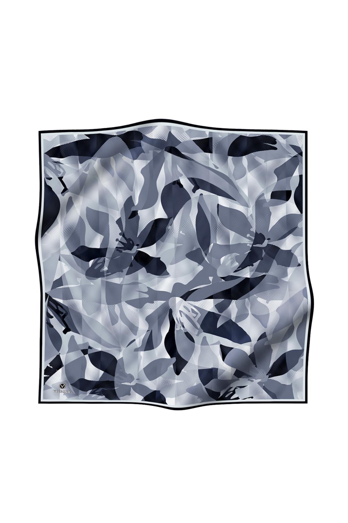 %100 Twill İpek Çiçek Desenli Gri - Siyah Renkli 90x90 Eşarp Dikim Şekli : El Dikişi
