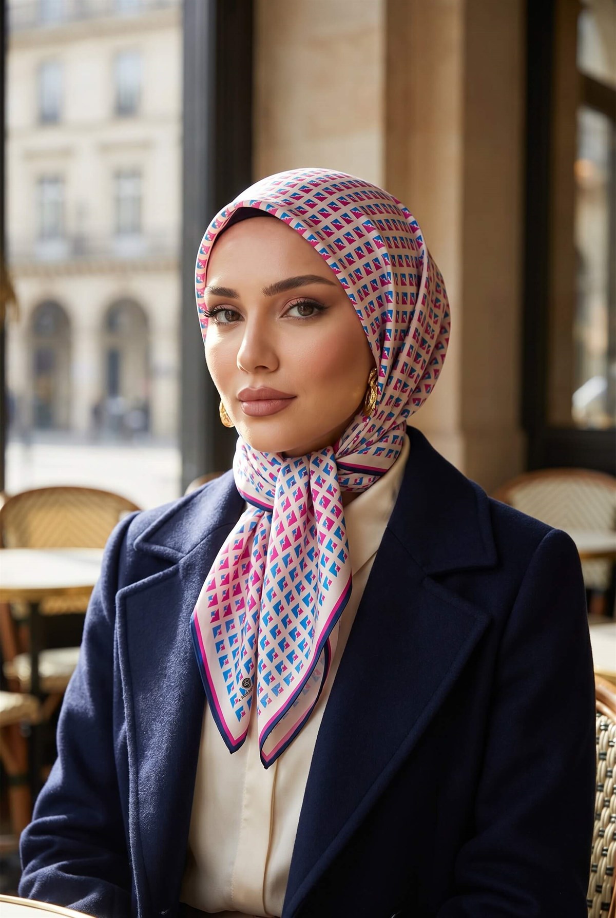 %100 Twill İpek Geometrik Desenli Saks - Fuşya Renkli 90x90 Eşarp Dikim Şekli : El Dikişi