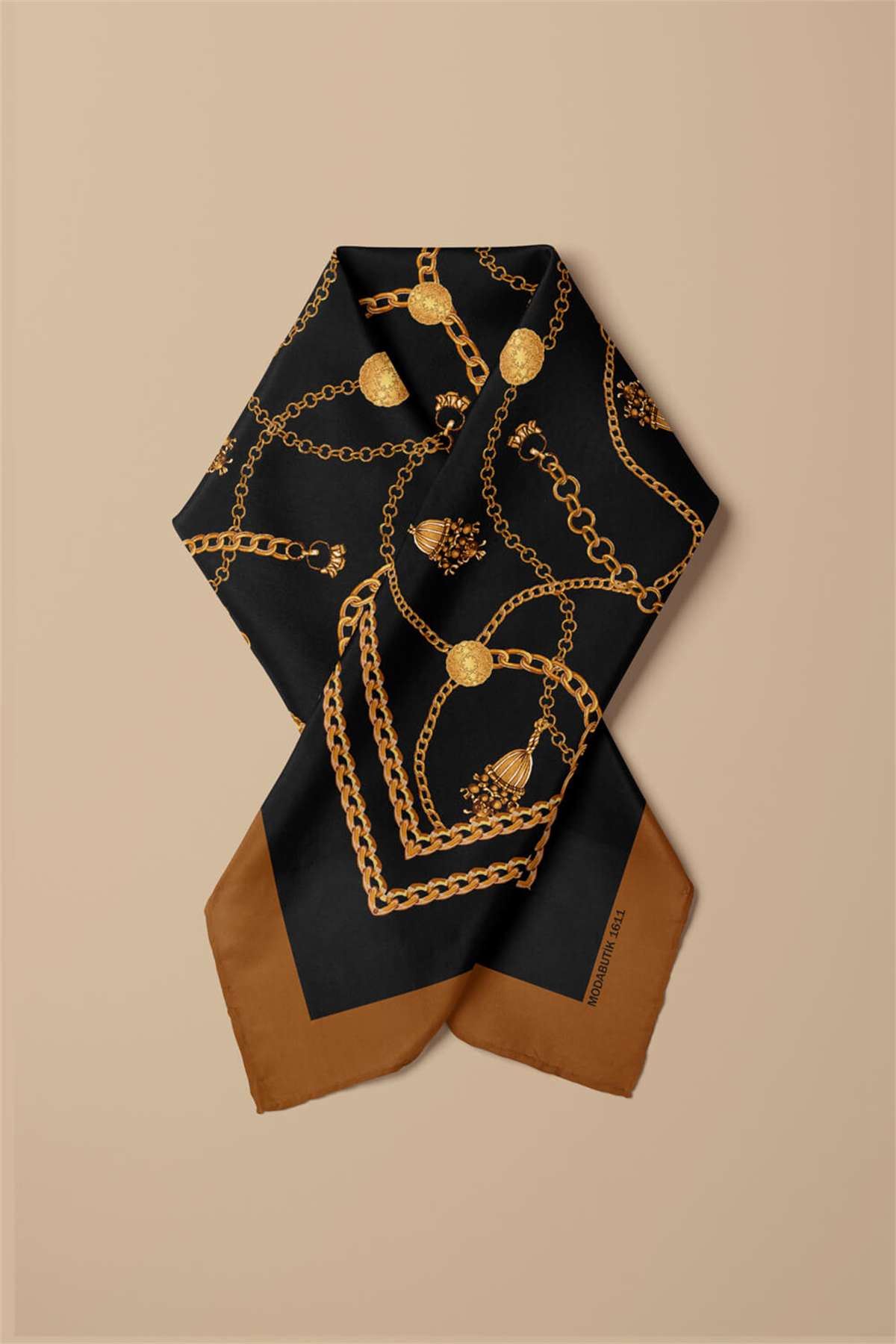 C28 Kadın Sarı Siyah Zincir Desenli 50x50 Bandana HYL DG01611-22