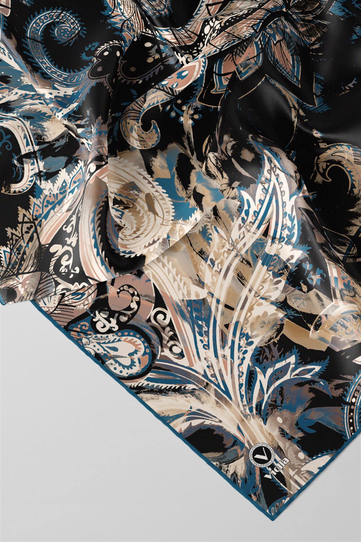 Twill Şal Desenli Petrol Yeşili Renkli 90x90 Eşarp (İpek İçermez) Kenar Dikiş Şekli El Dikişli