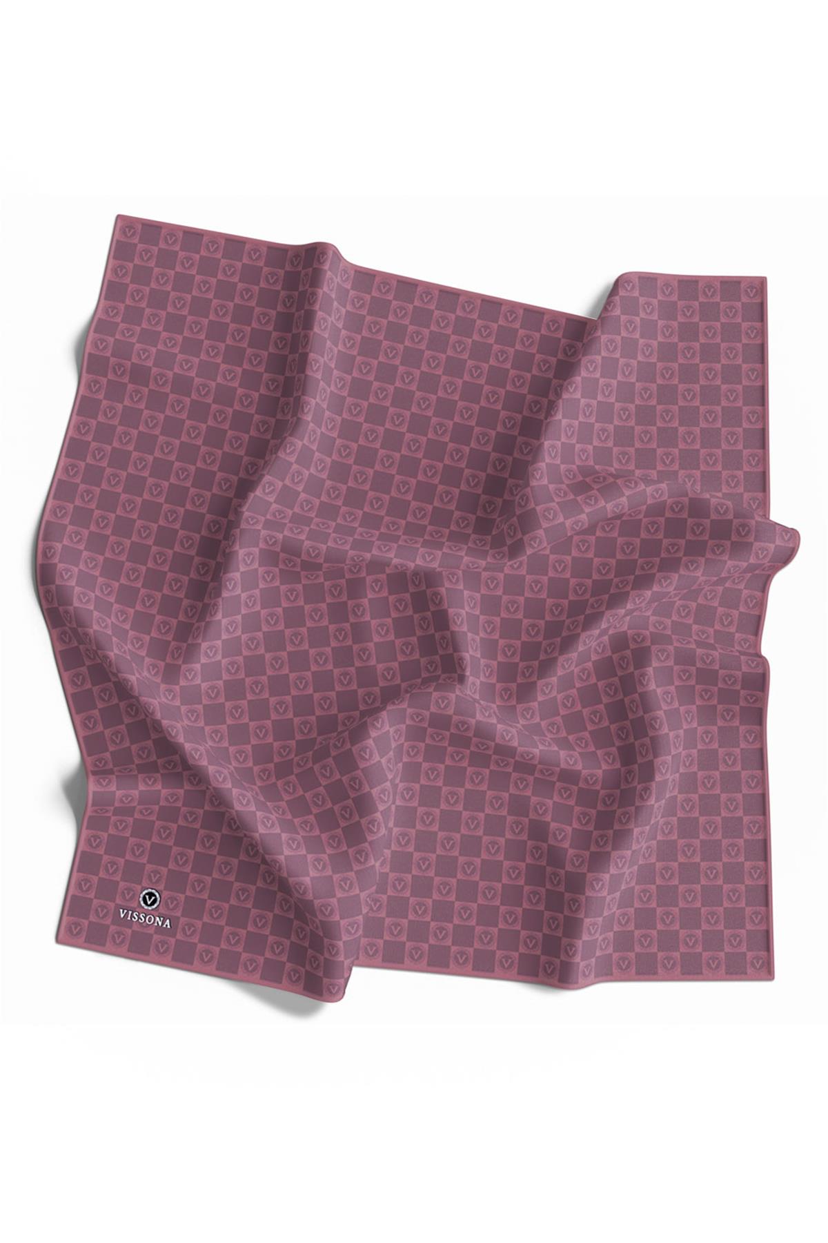 %100 Twill İpek Monogram Desenli Gül Kurusu Renkli 90x90 Eşarp Dikim Şekli : El Dikişi