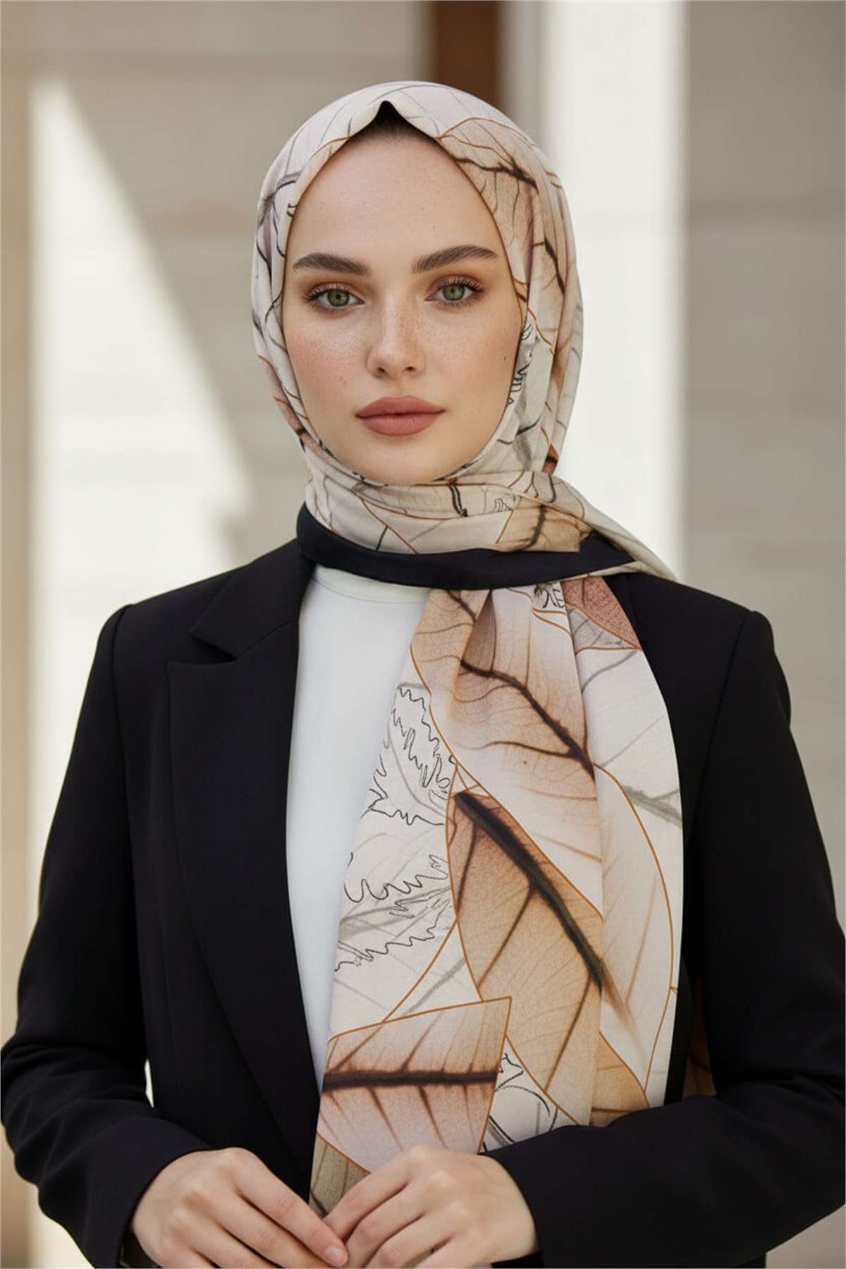 KREP YAPRAK DESENLİ SOMON RENKLİ 75X195 KIRIŞMAZ ŞAL